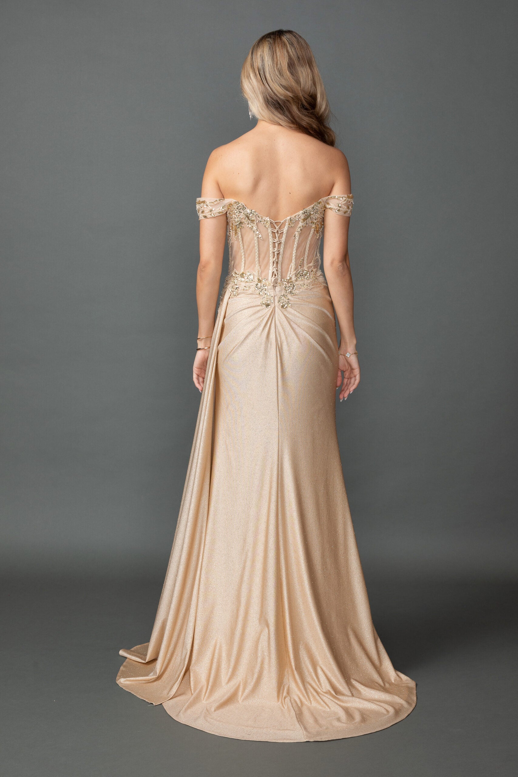 Glitter Fitted Gown With Off-Shoulder and Sweetheart Neckline (4535)