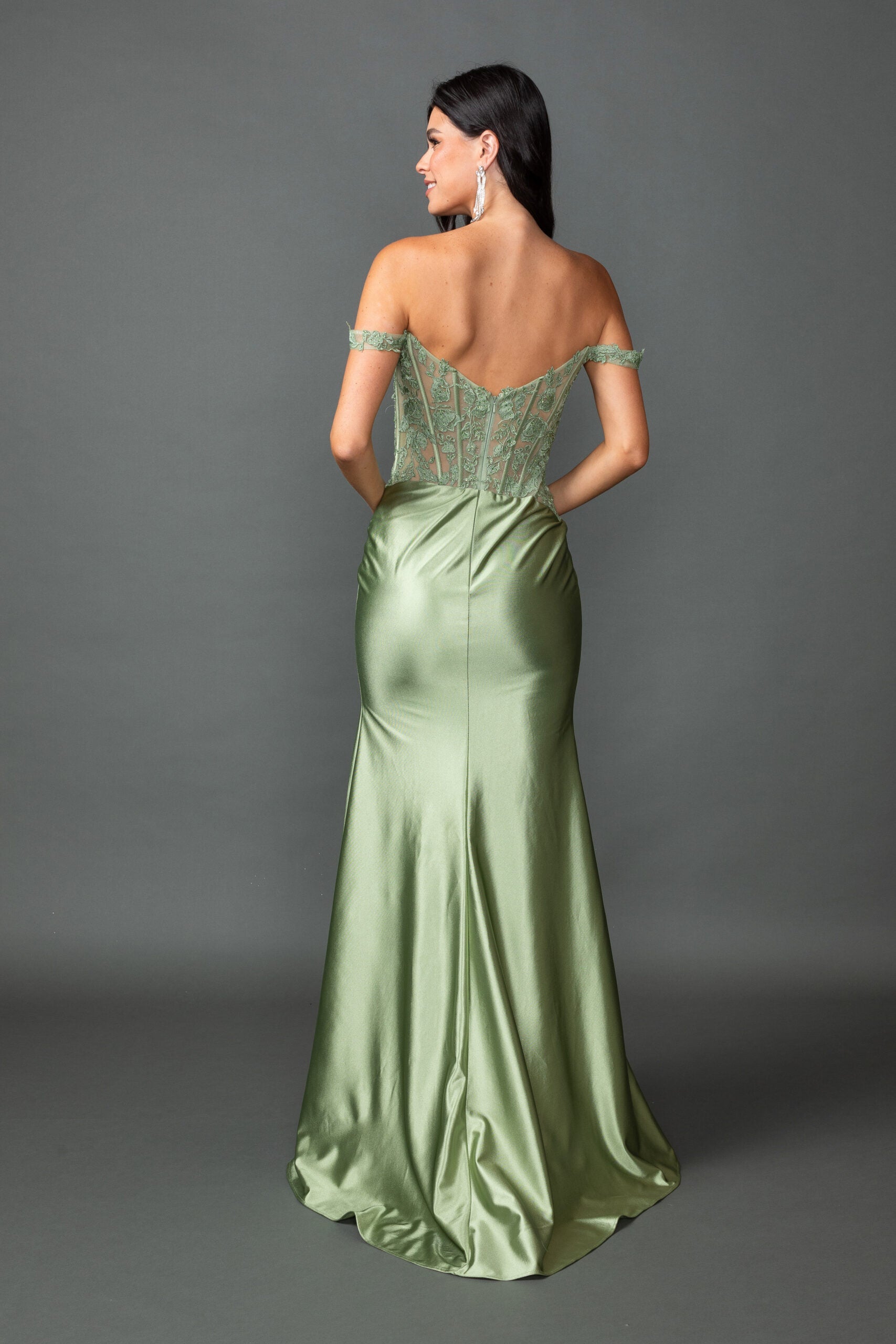 Off-Shoulder Satin Fitted Dress with Lace Corset Bodice (4536)