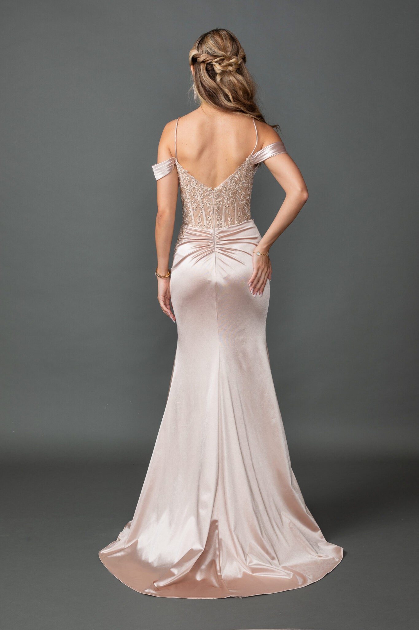 Detachable Off-Shoulder Satin Fitted Gown With Lace Corset Bodice and Slit (4537)
