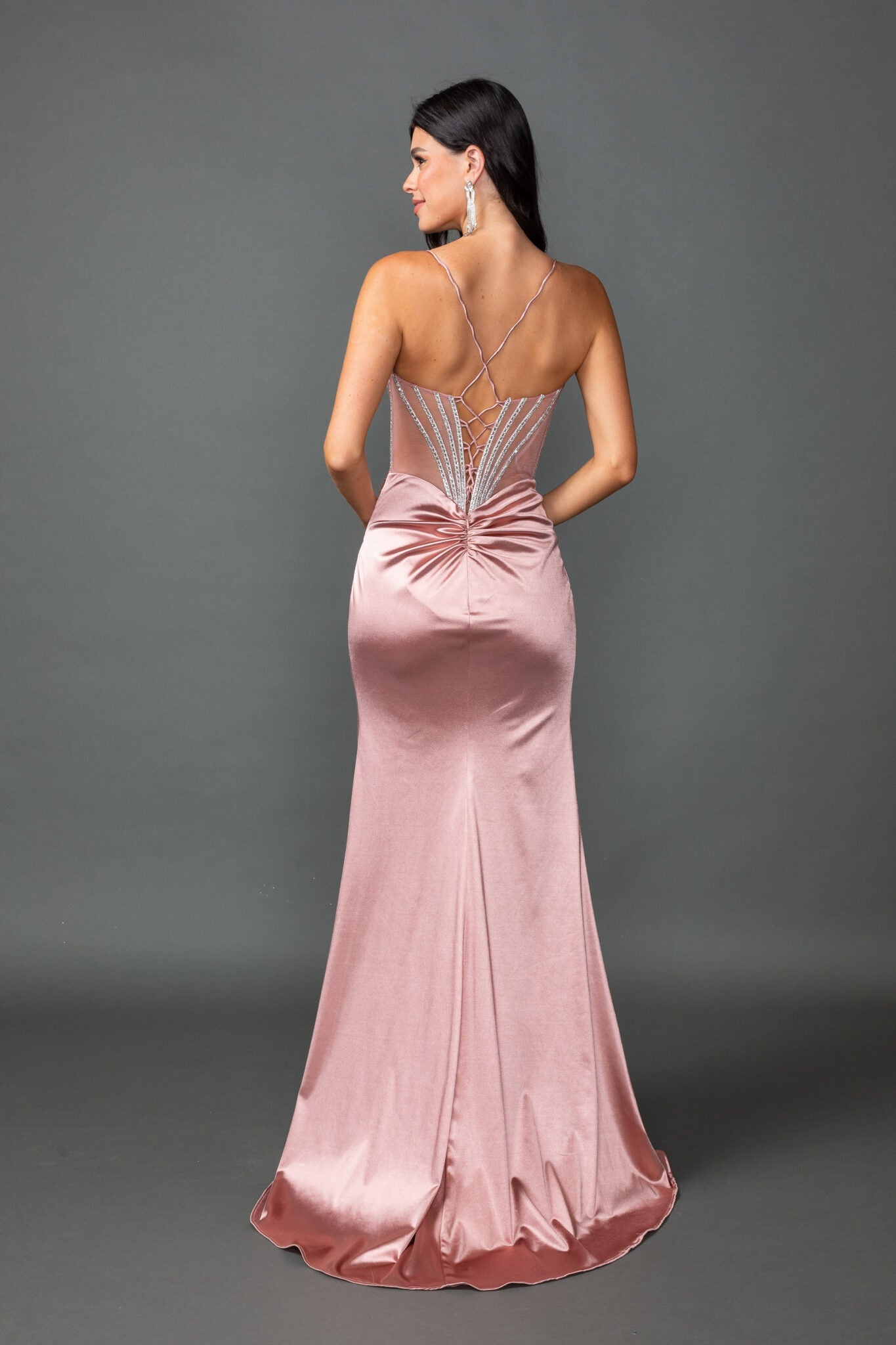 Spaghetti Strap Beaded Corset with Satin Ruched Slit Gown (4538)
