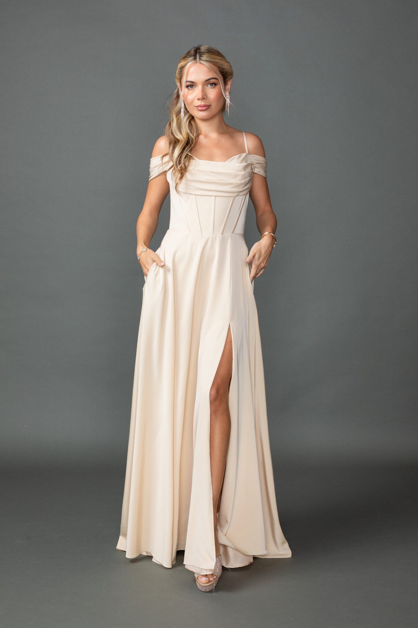 Chiffon Off-Shoulder Prom Dress with Cowl Neck & Front Slit (4539)