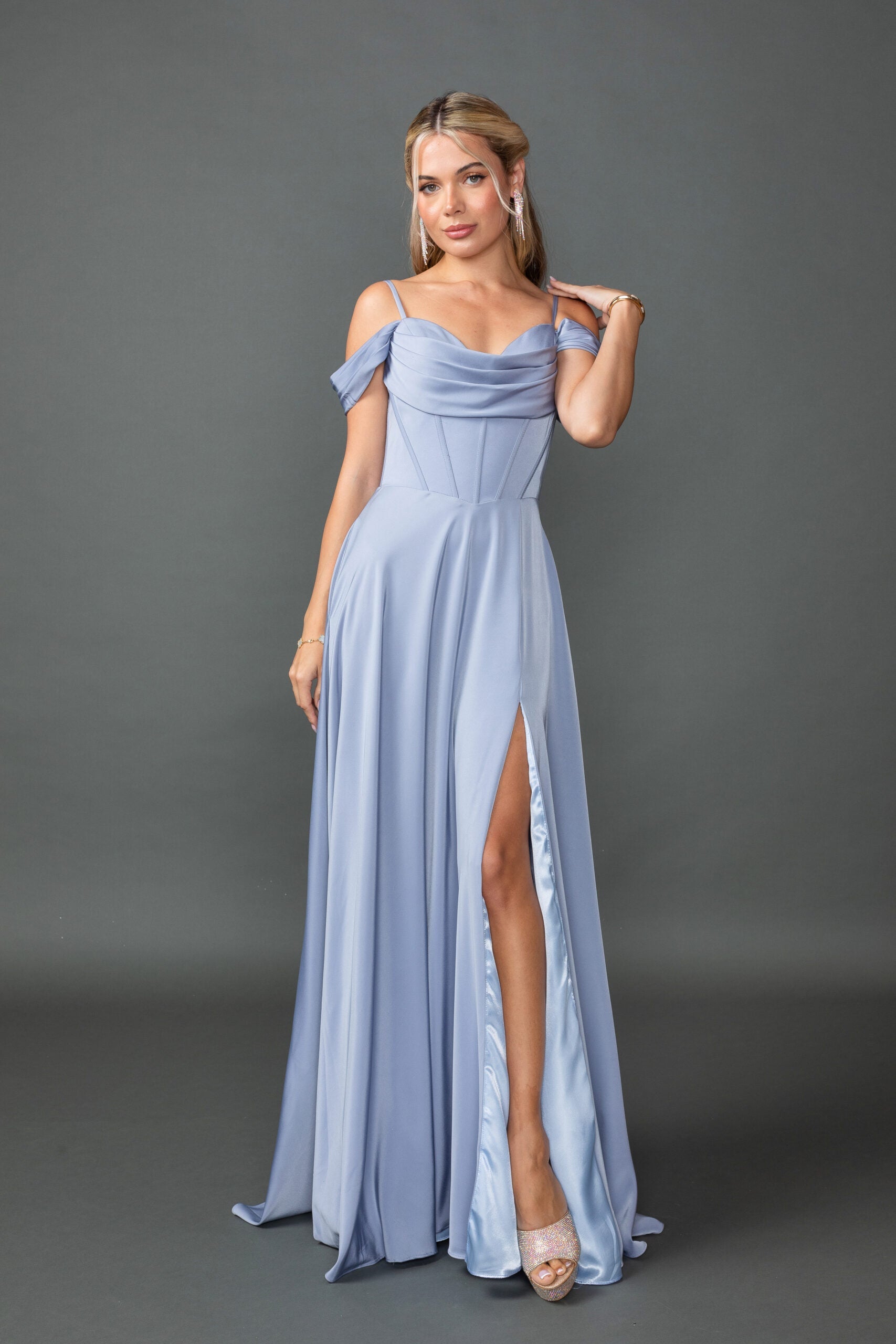 Chiffon Off-Shoulder Prom Dress with Cowl Neck & Front Slit (4539)