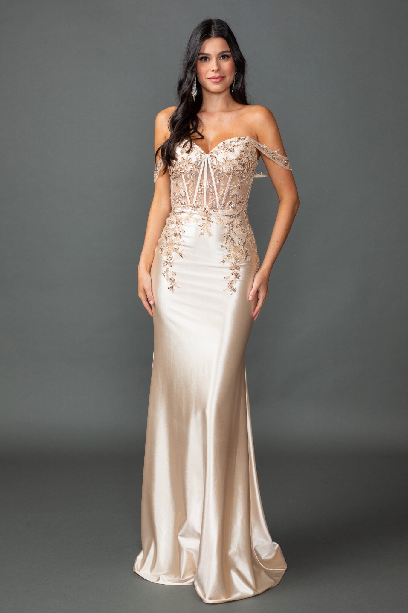 Beaded Corset Bodice with Ruched Satin Side Slit Skirt (4541)