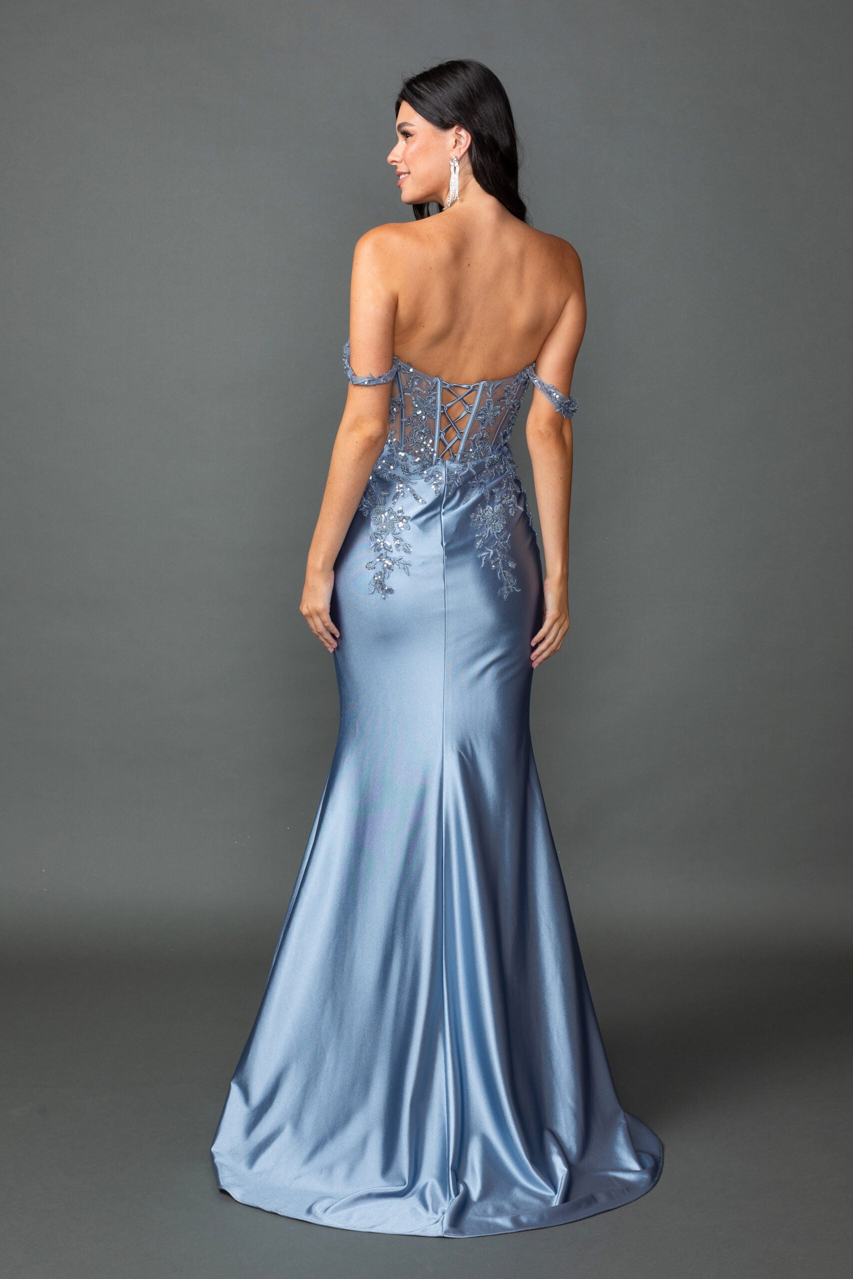 Off-Shoulder Satin Mermaid Silhouette Fitted Gown with Beaded Corset Bodice (4540)