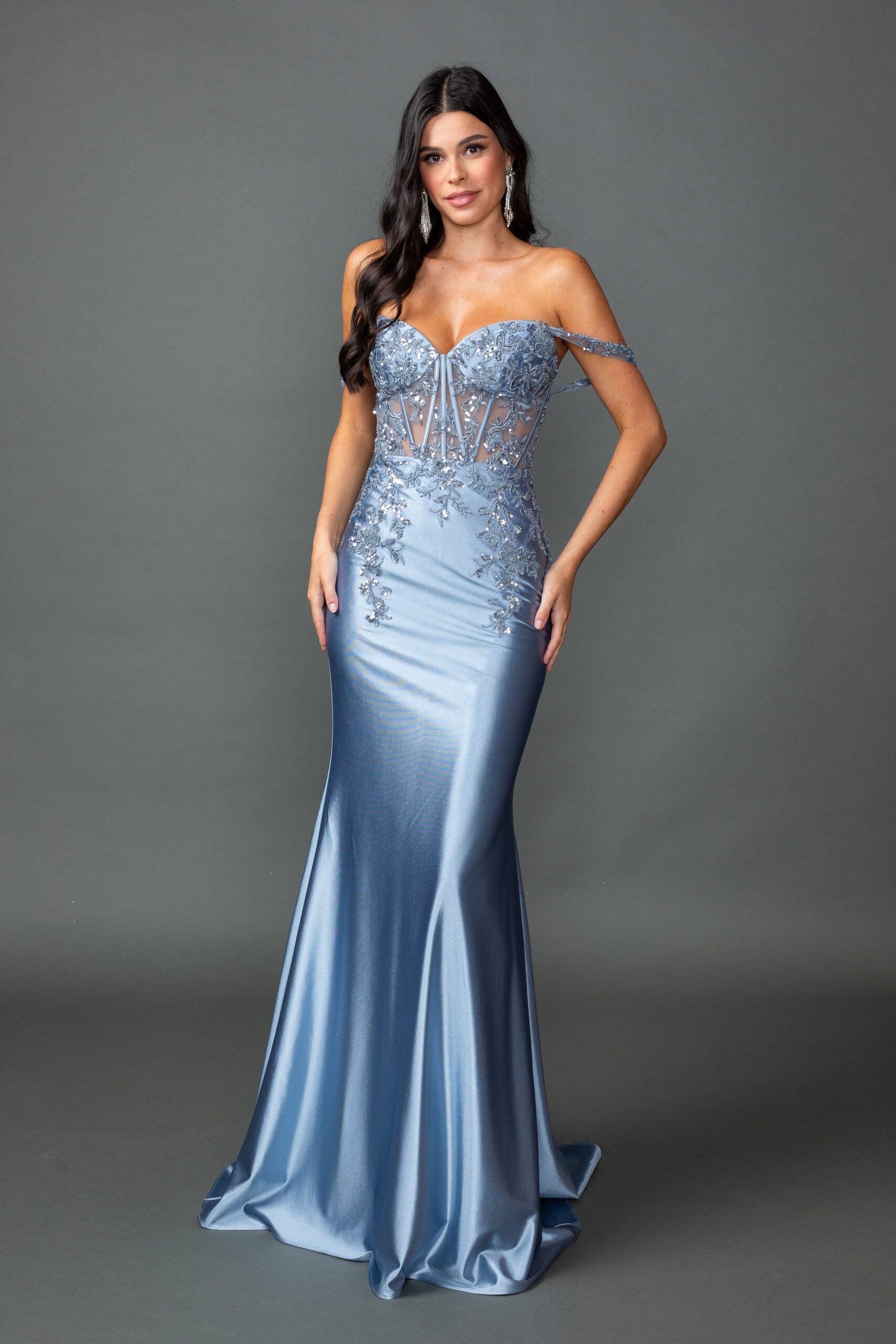 Off-Shoulder Satin Mermaid Silhouette Fitted Gown with Beaded Corset Bodice (4540)