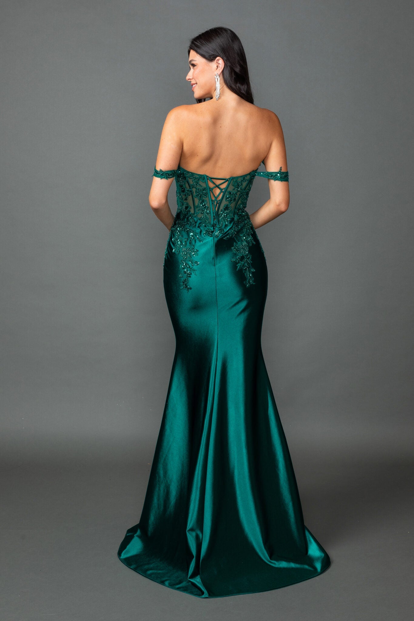 Off-Shoulder Satin Mermaid Silhouette Fitted Gown with Beaded Corset Bodice (4540)