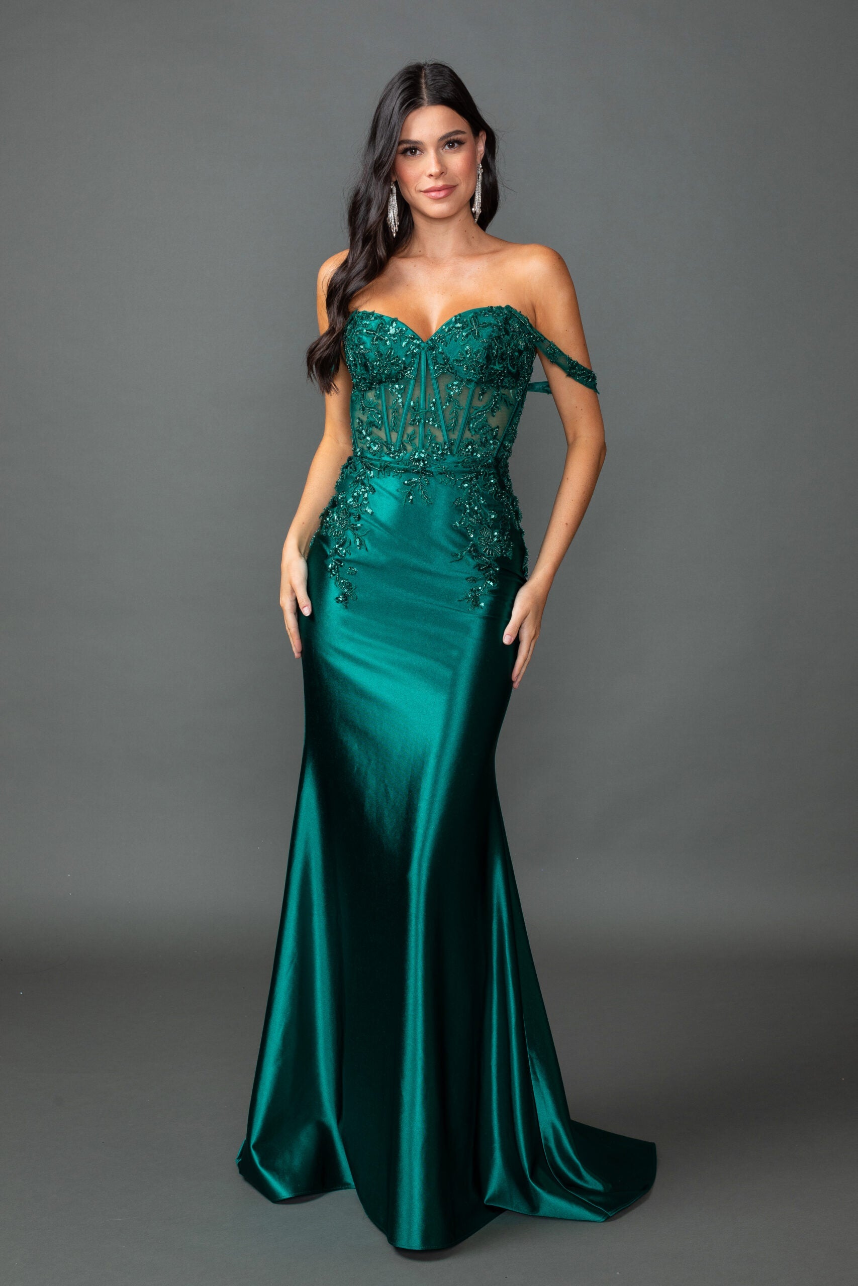 Off-Shoulder Satin Mermaid Silhouette Fitted Gown with Beaded Corset Bodice (4540)