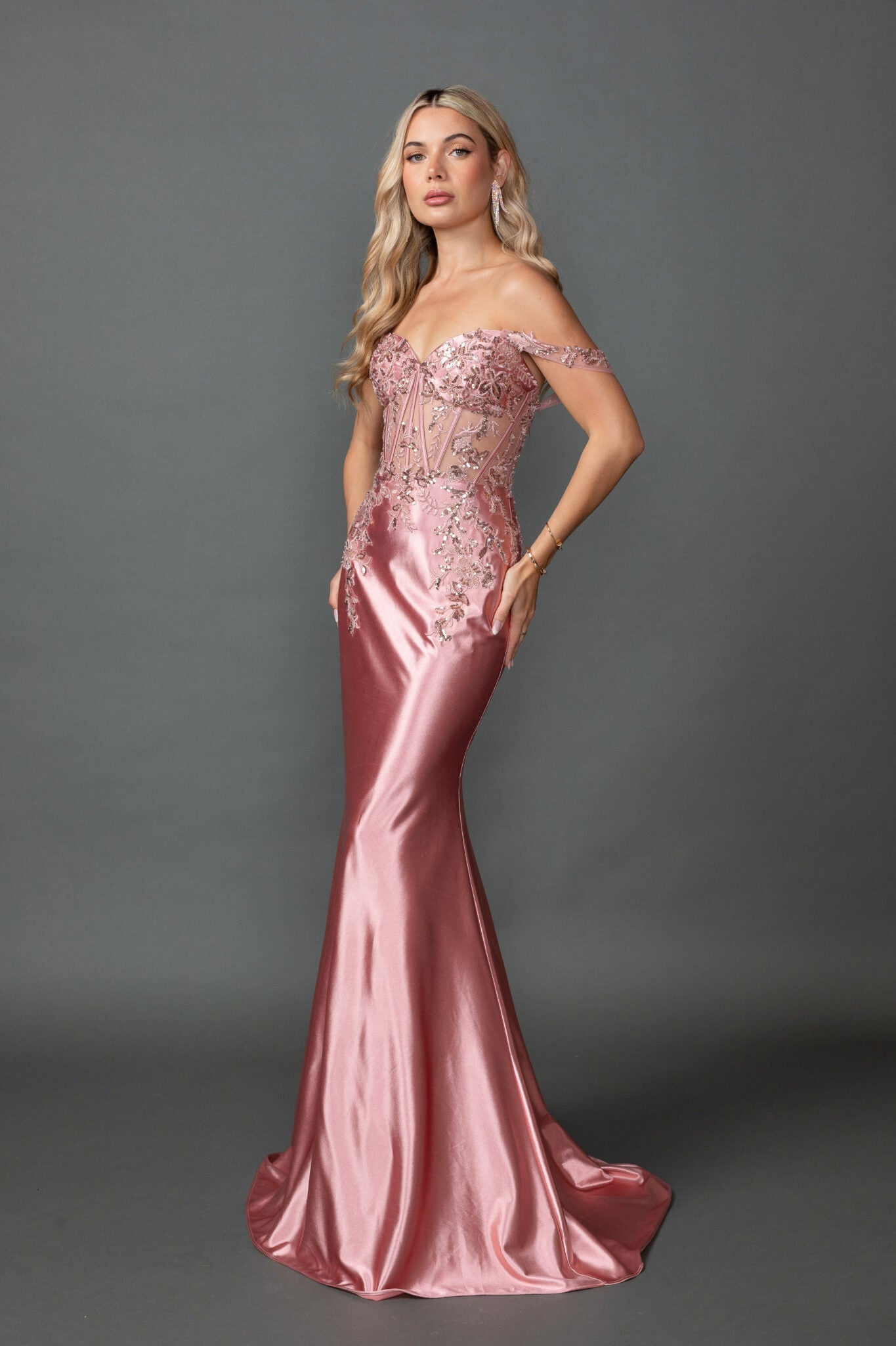Off-Shoulder Satin Mermaid Silhouette Fitted Gown with Beaded Corset Bodice (4540)