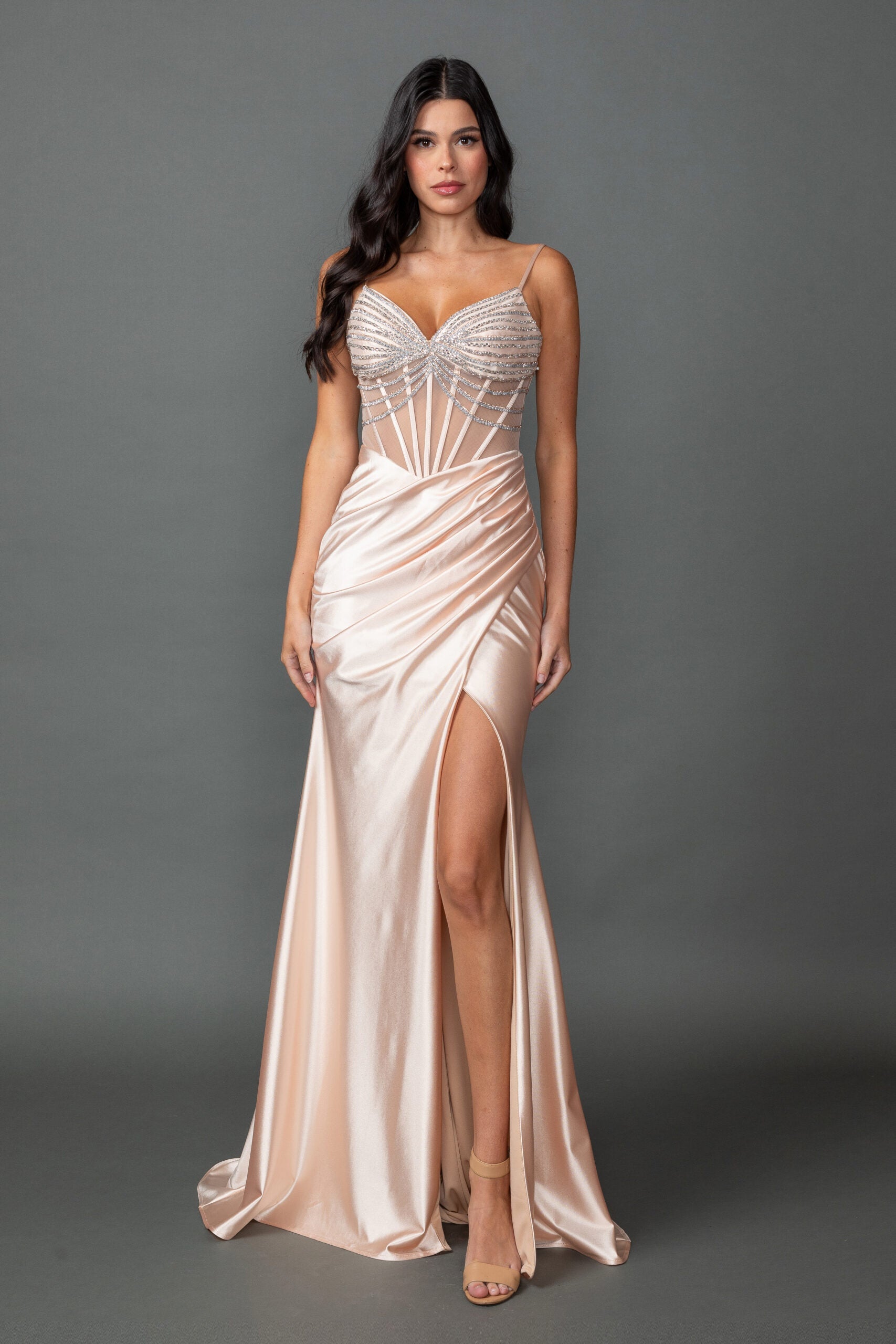 Beaded Corset Bodice with Ruched Satin Side Slit Skirt (4541)
