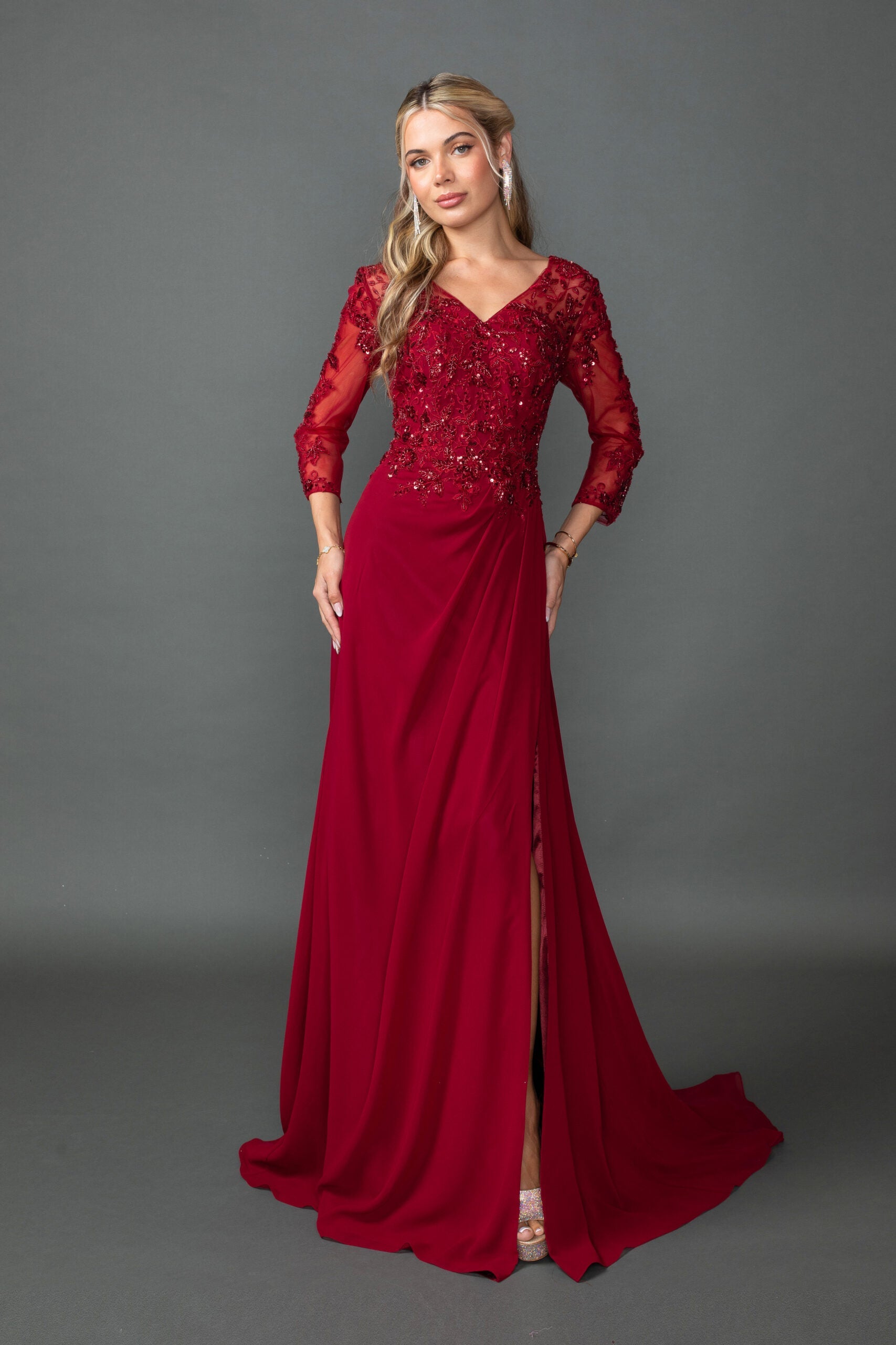 V-Neck Chiffon Evening Gown With Embroidered Bodice and Sleeves (4543)