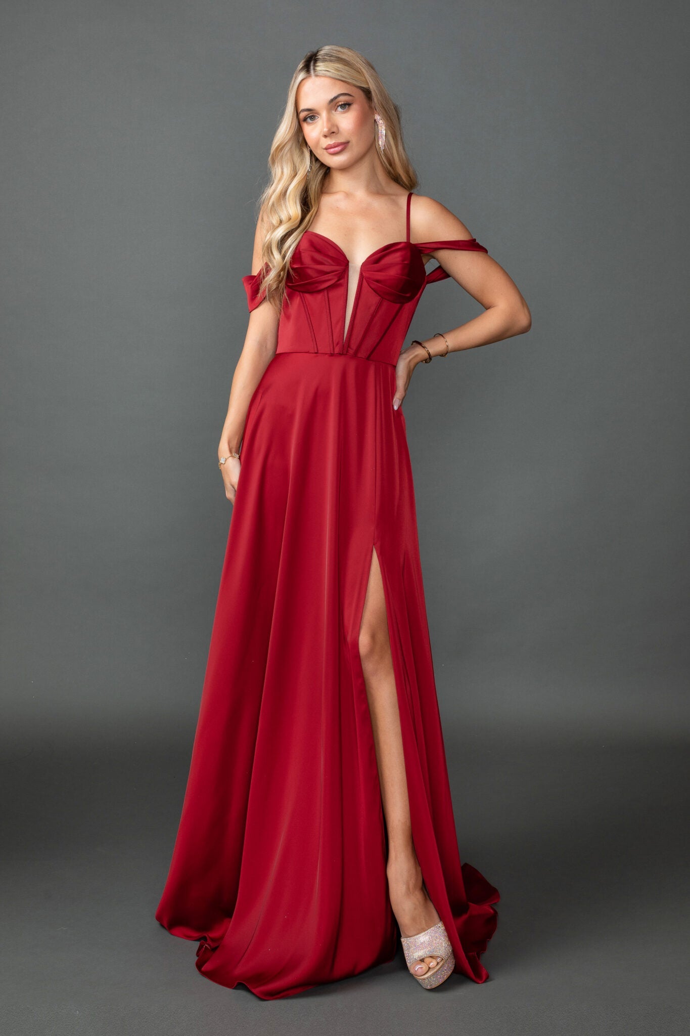 Sweetheart Satin A-Line Gown with Spaghetti Straps With Detachable Off-Shoulder and Slit (4544)