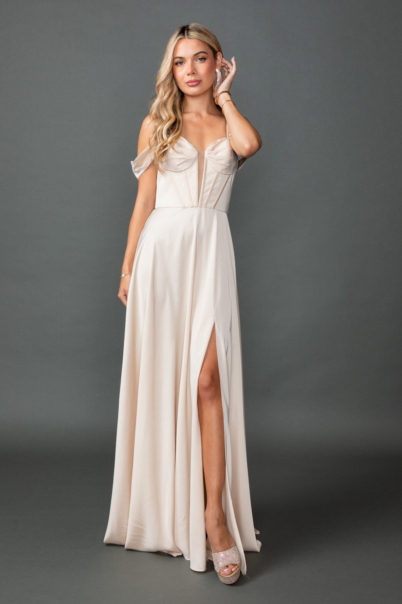 Sweetheart Satin A-Line Gown with Spaghetti Straps With Detachable Off-Shoulder and Slit (4544)