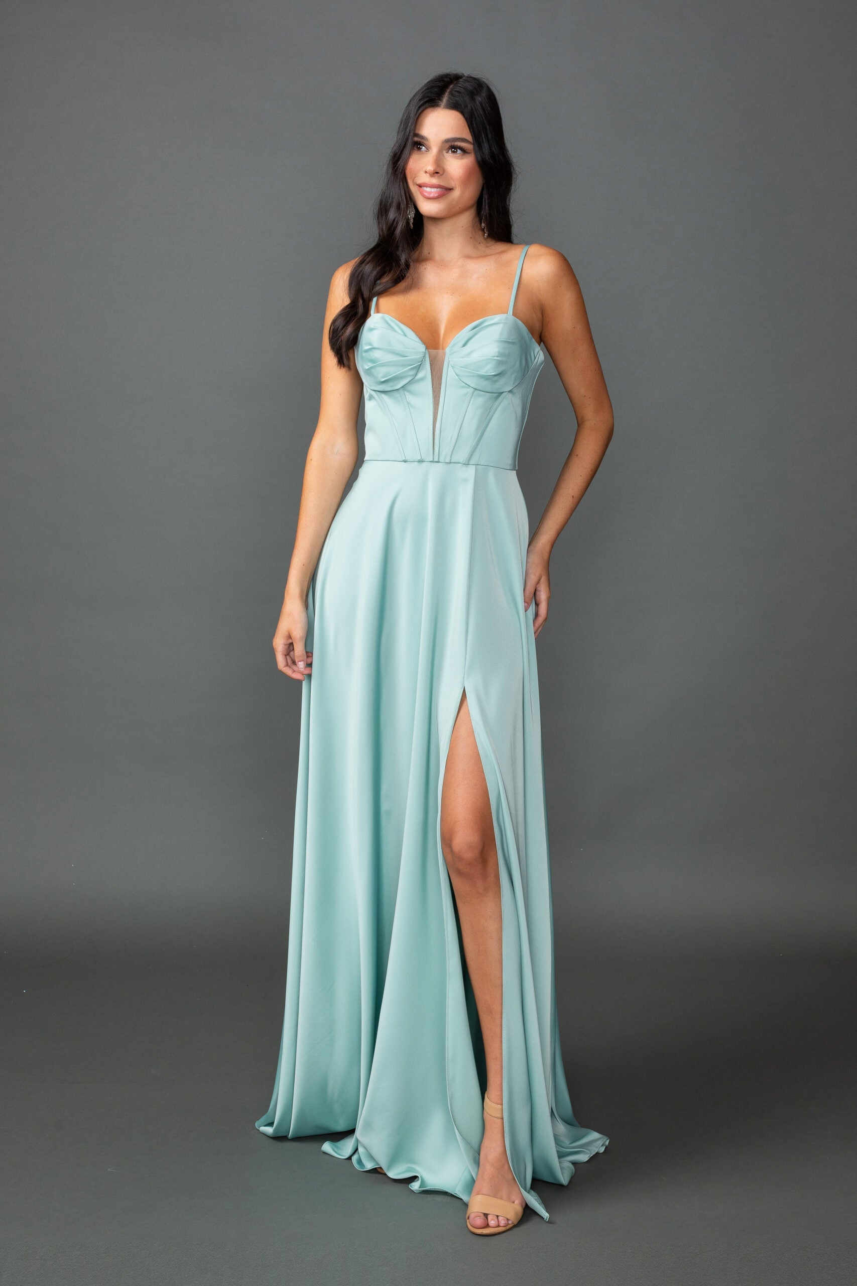 Sweetheart Satin A-Line Gown with Spaghetti Straps With Detachable Off-Shoulder and Slit (4544)