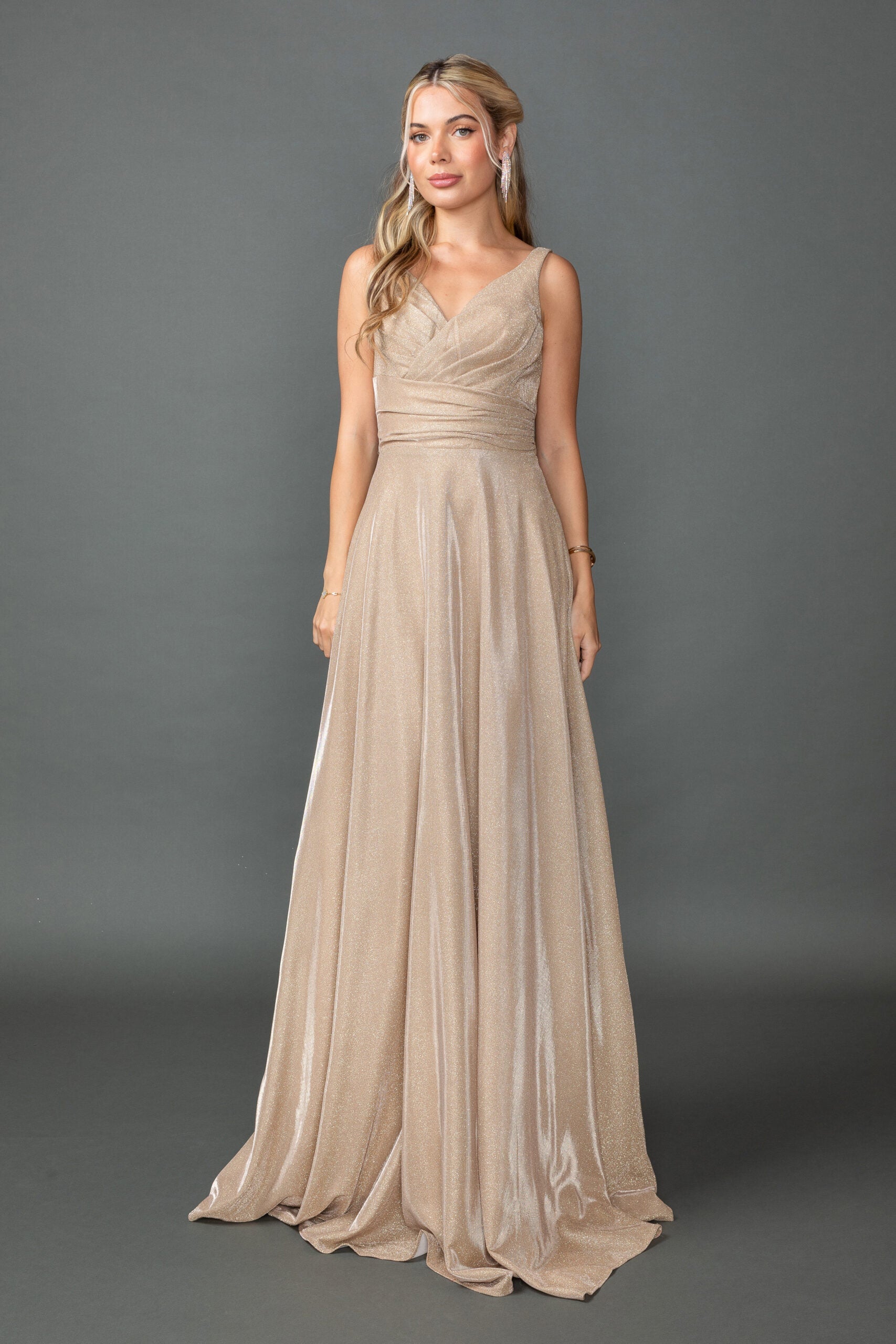 Sleeveless Glitter A-Line Gown with Ruched V-Neck Bodice (4545)