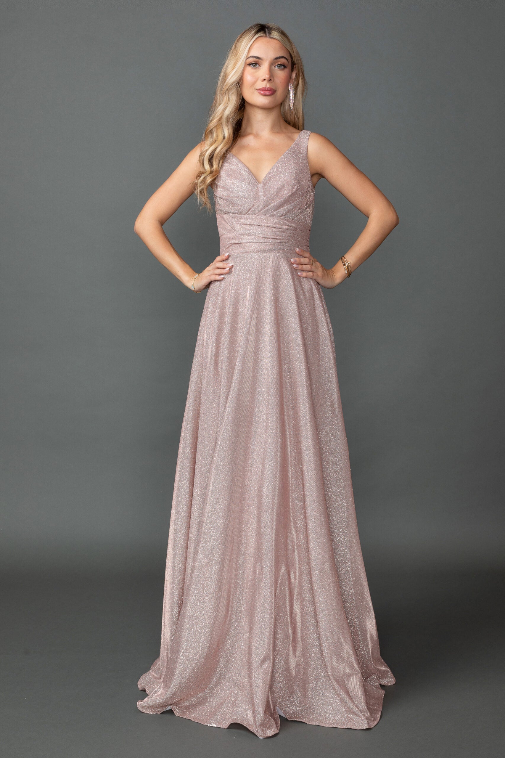 Sleeveless Glitter A-Line Gown with Ruched V-Neck Bodice (4545)