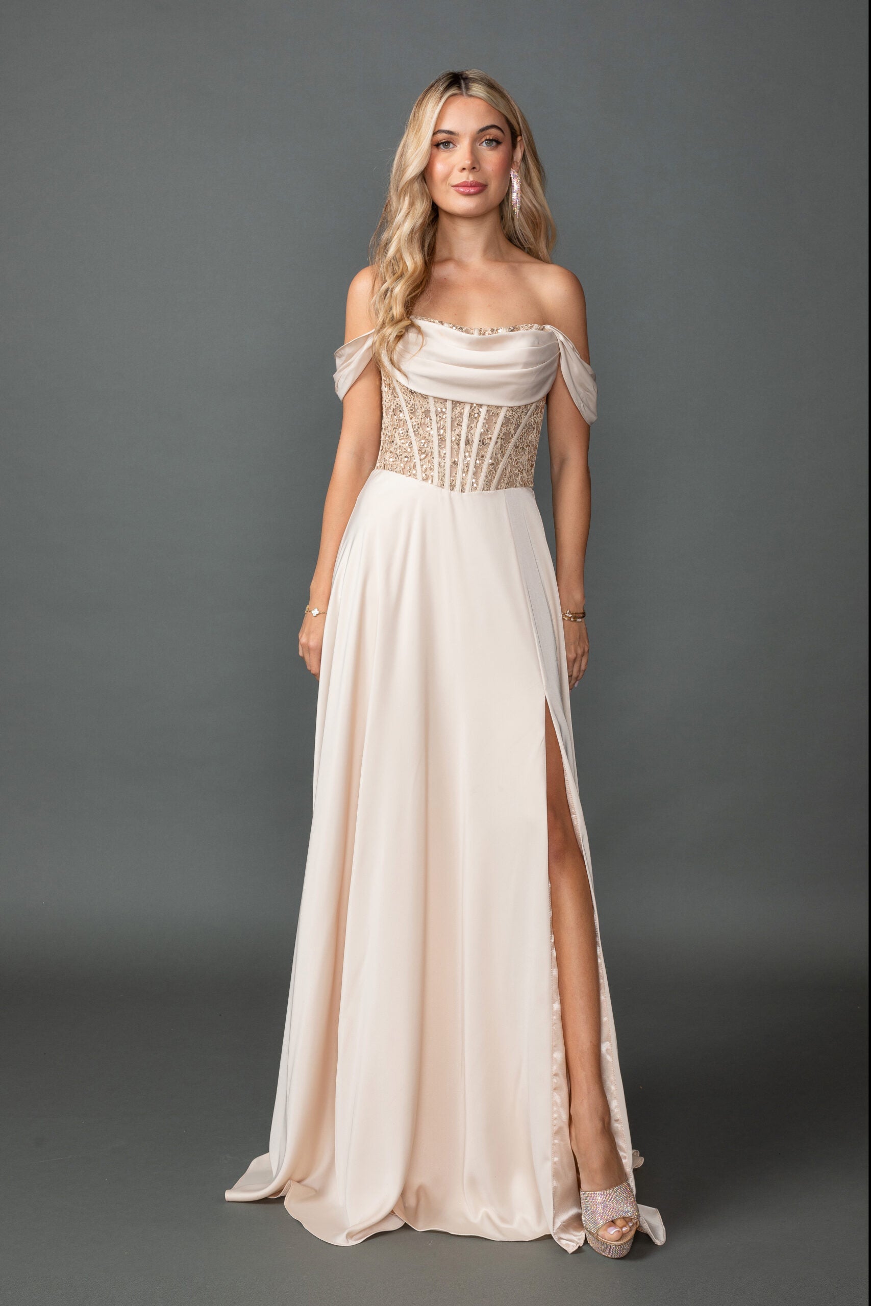 Off-Shoulder Satin A-Line Gown with Beaded Corset Bodice and Slit (4546A)