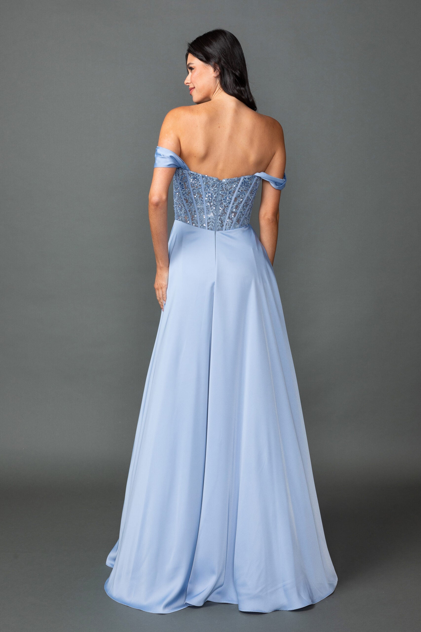 Off-Shoulder Satin A-Line Gown with Beaded Corset Bodice and Slit (4546A)