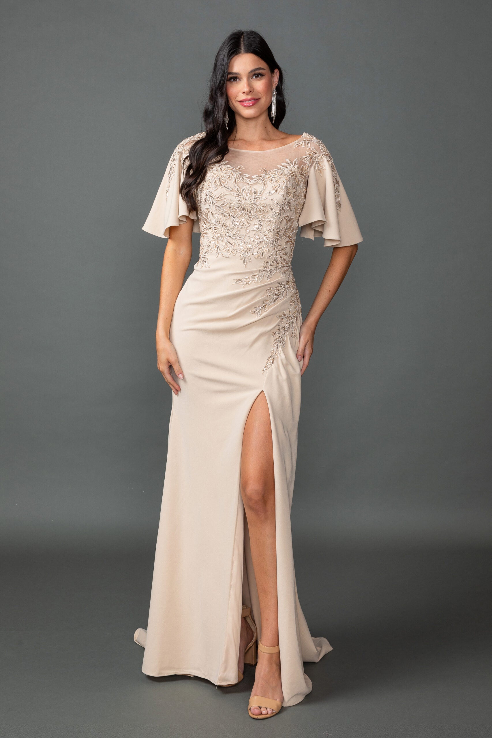 Embellished Bodice with Illusion Neckline and Flutter Sleeves (4549)