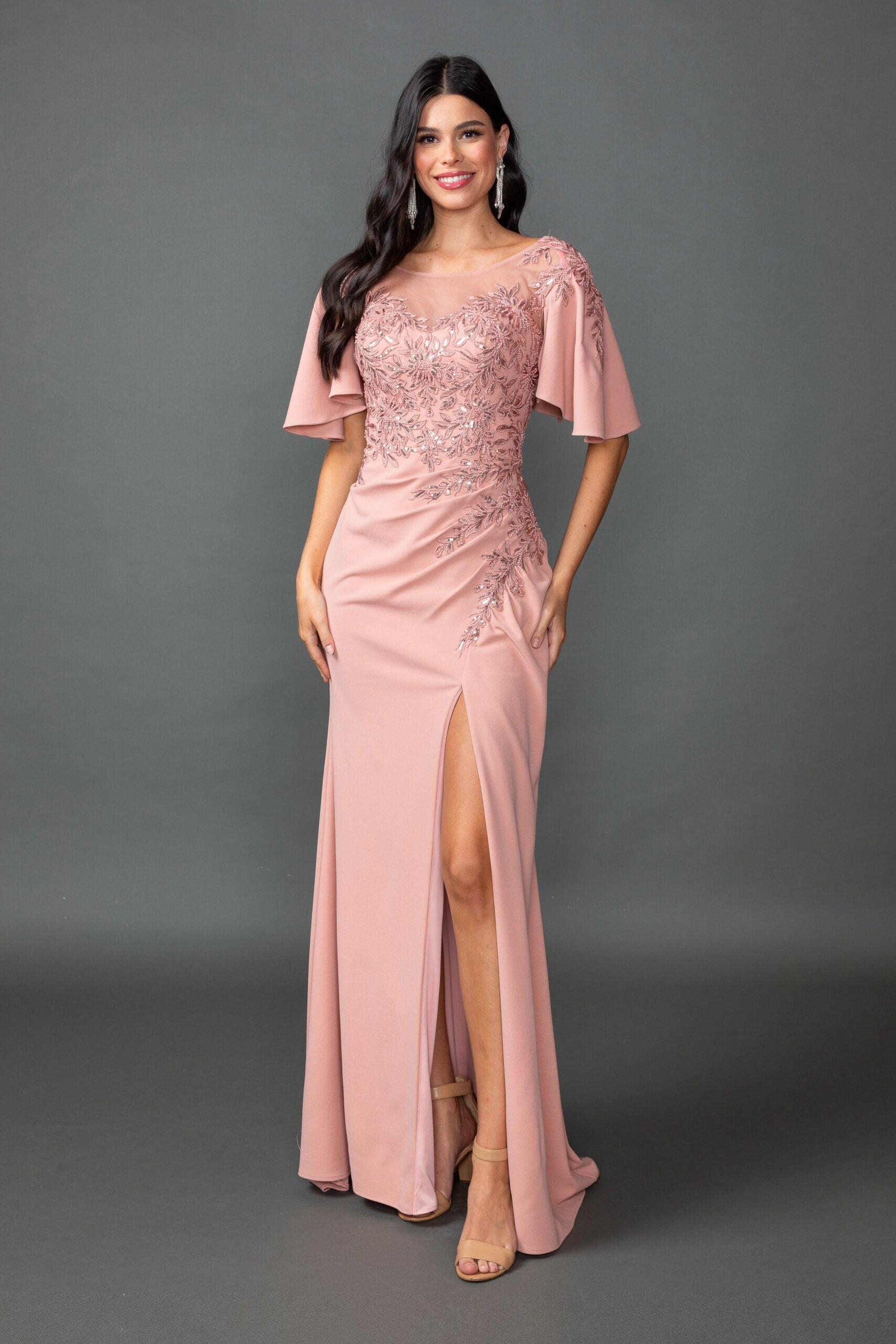 Embellished Bodice with Illusion Neckline and Flutter Sleeves (4549)
