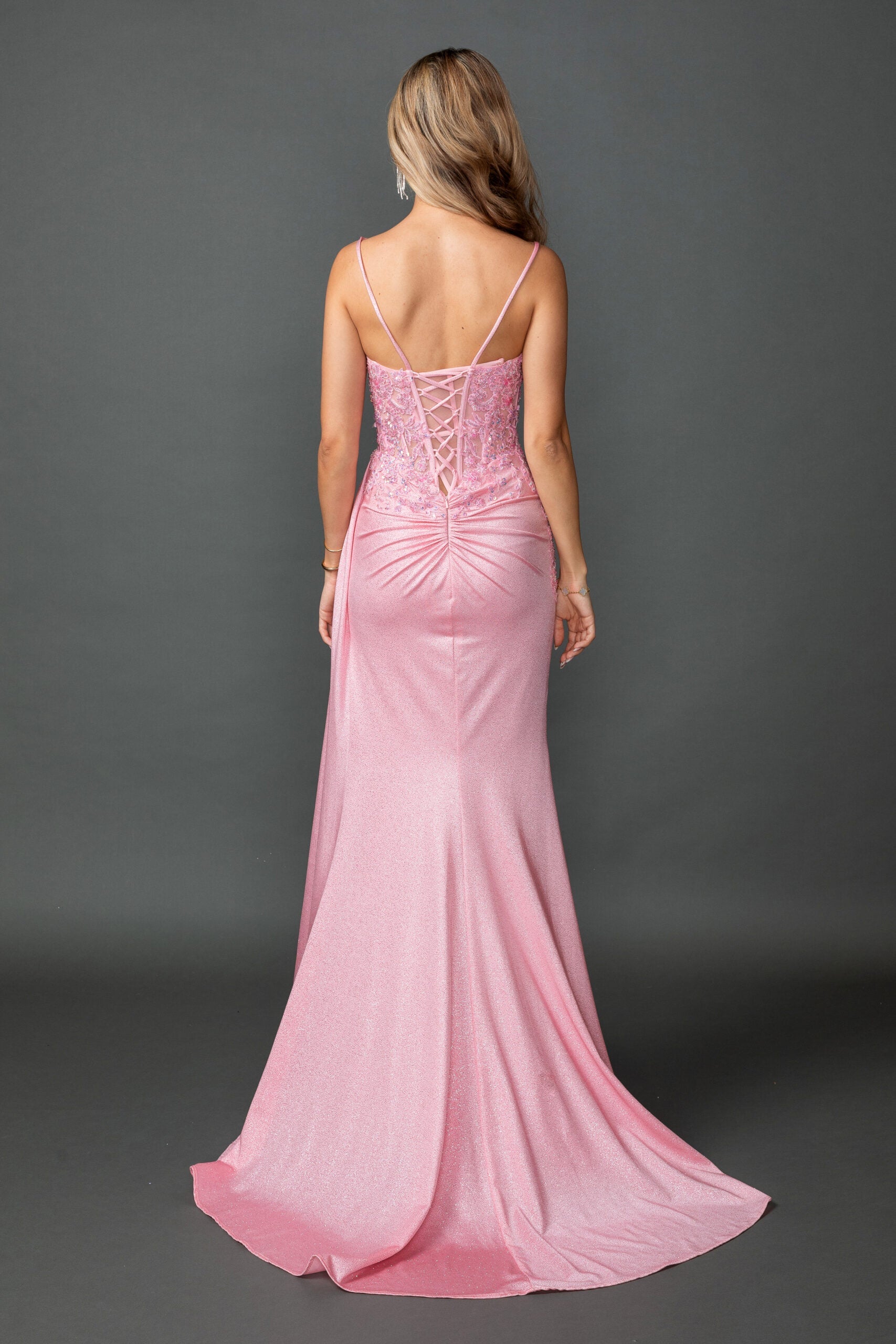 Dazzling Pink Beaded Glitter Corset Prom Dress with Slit (4556)