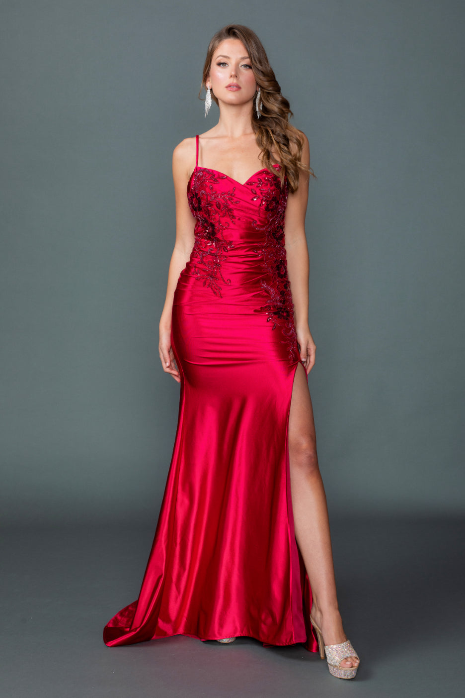 Sweetheart Neckline Evening Gown with Beaded Lace Bodice and Slit (4558)