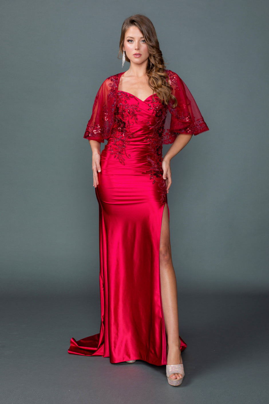 Sweetheart Neckline Evening Gown with Beaded Lace Bodice and Slit (4558)