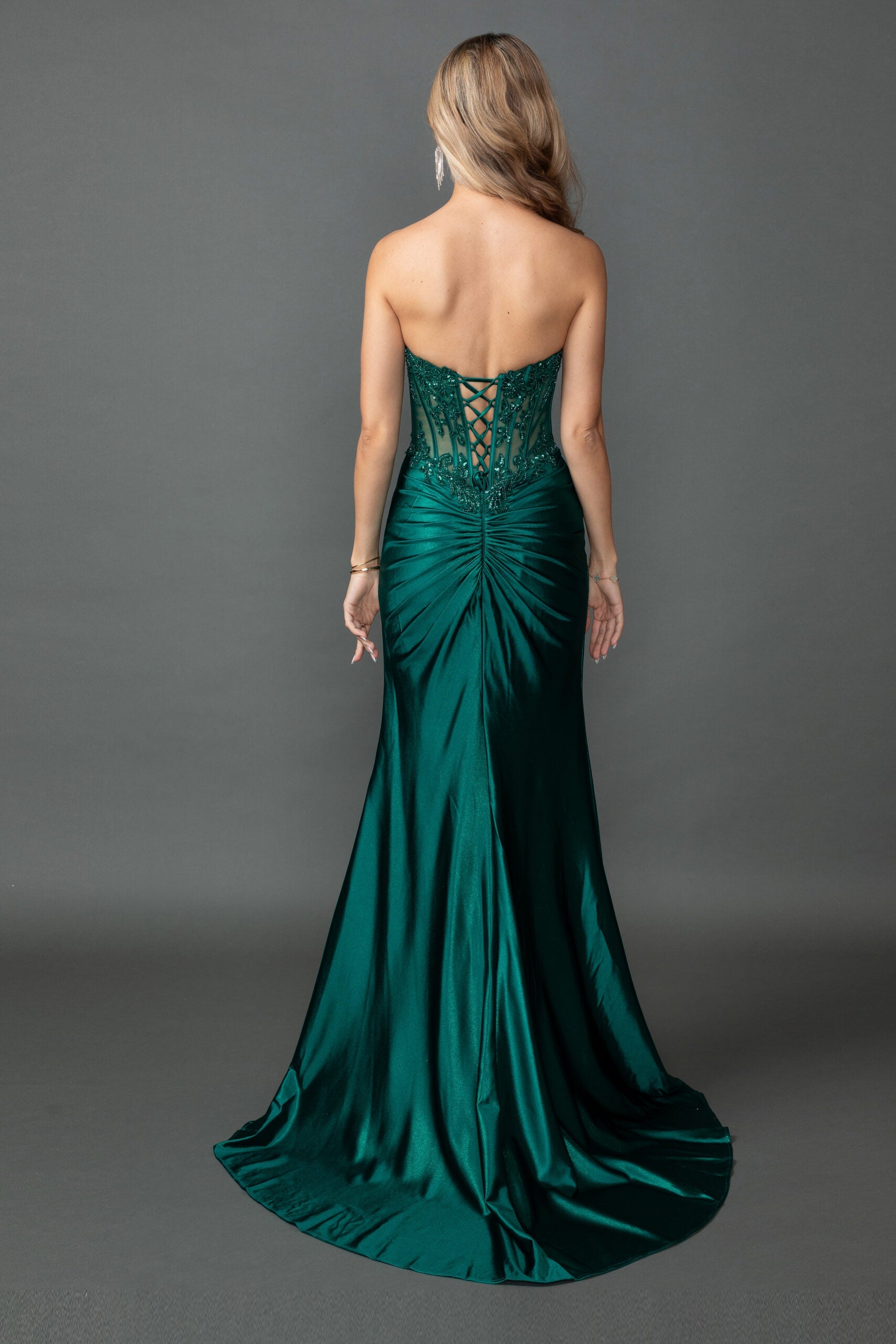 Strapless Fitted Gown With Embroidered Corset Bodice & Slit (4560)