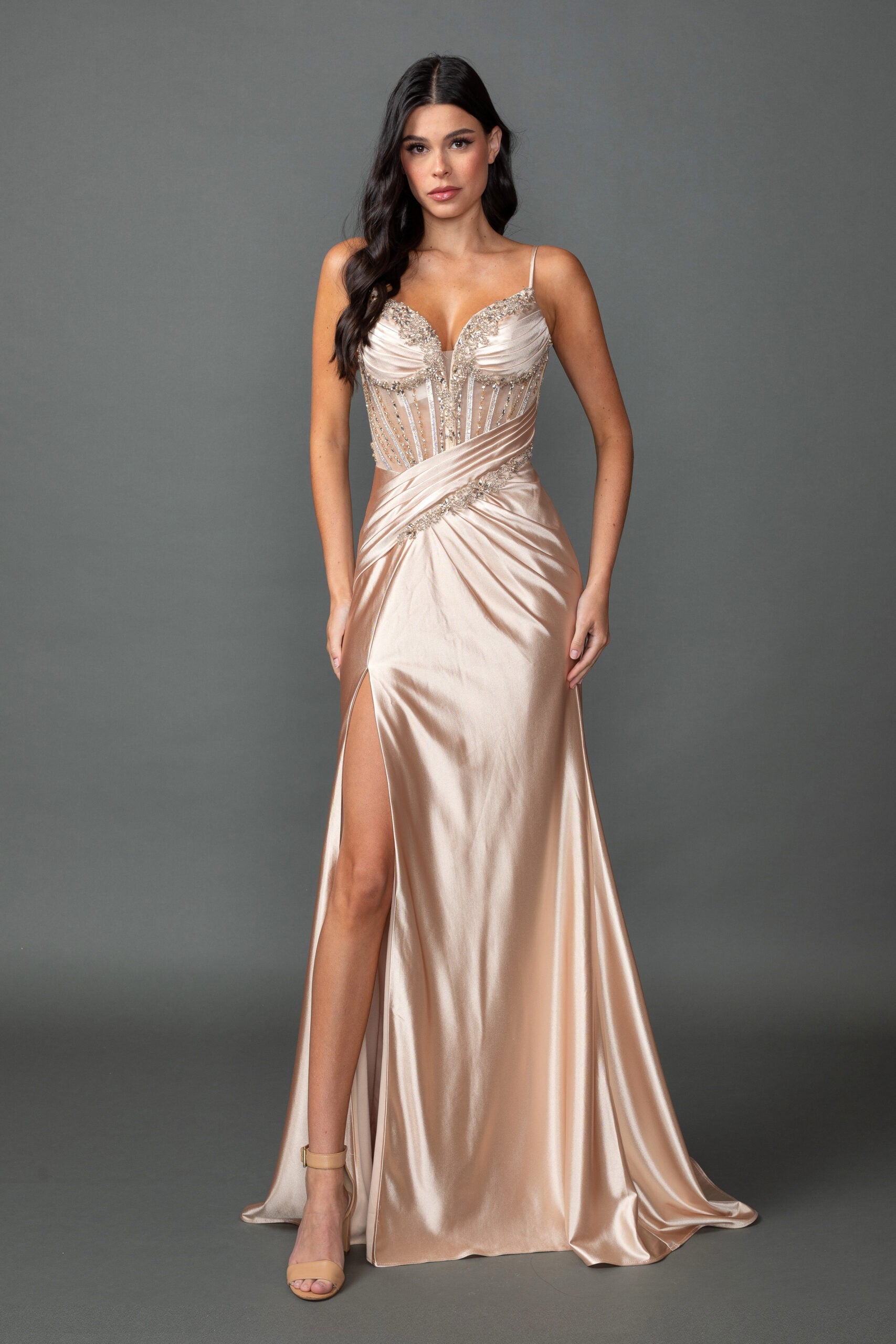Embellished Corset Bodice With Draped Satin Skirt and Slit (4561)