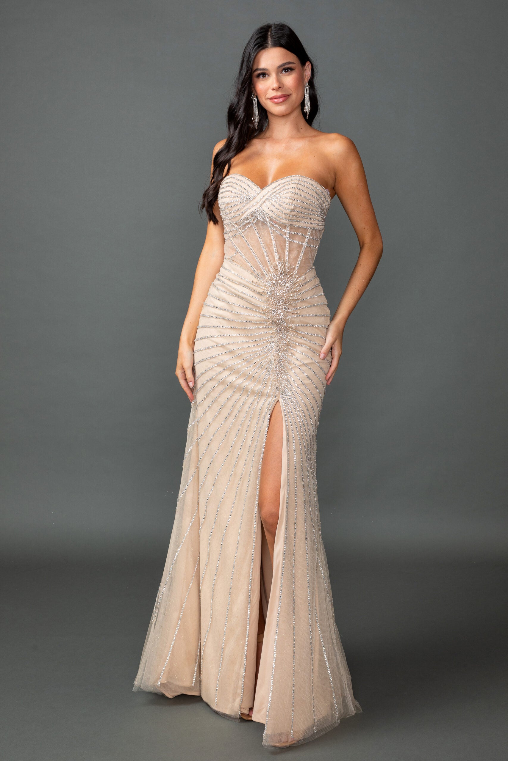 Strapless Beaded Mesh Gown with Radiating Embellishment and High Slit (4562)