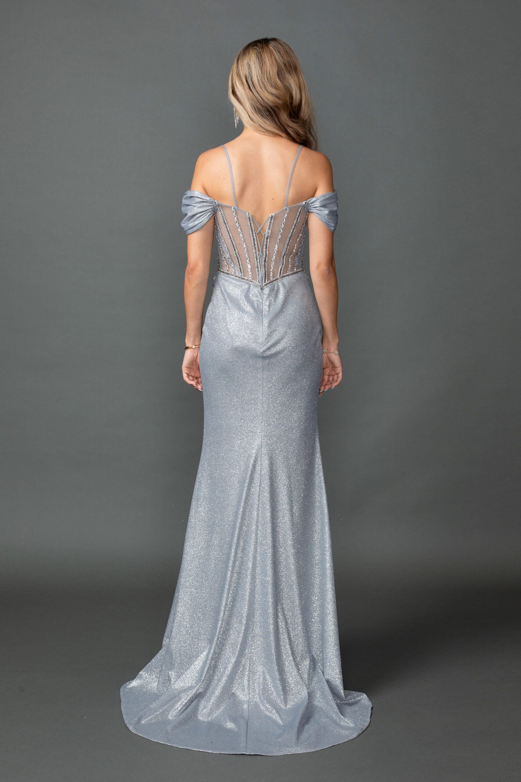 Off-Shoulder Sweetheart Neckline Beaded Glitter Fitted Dress (4564)