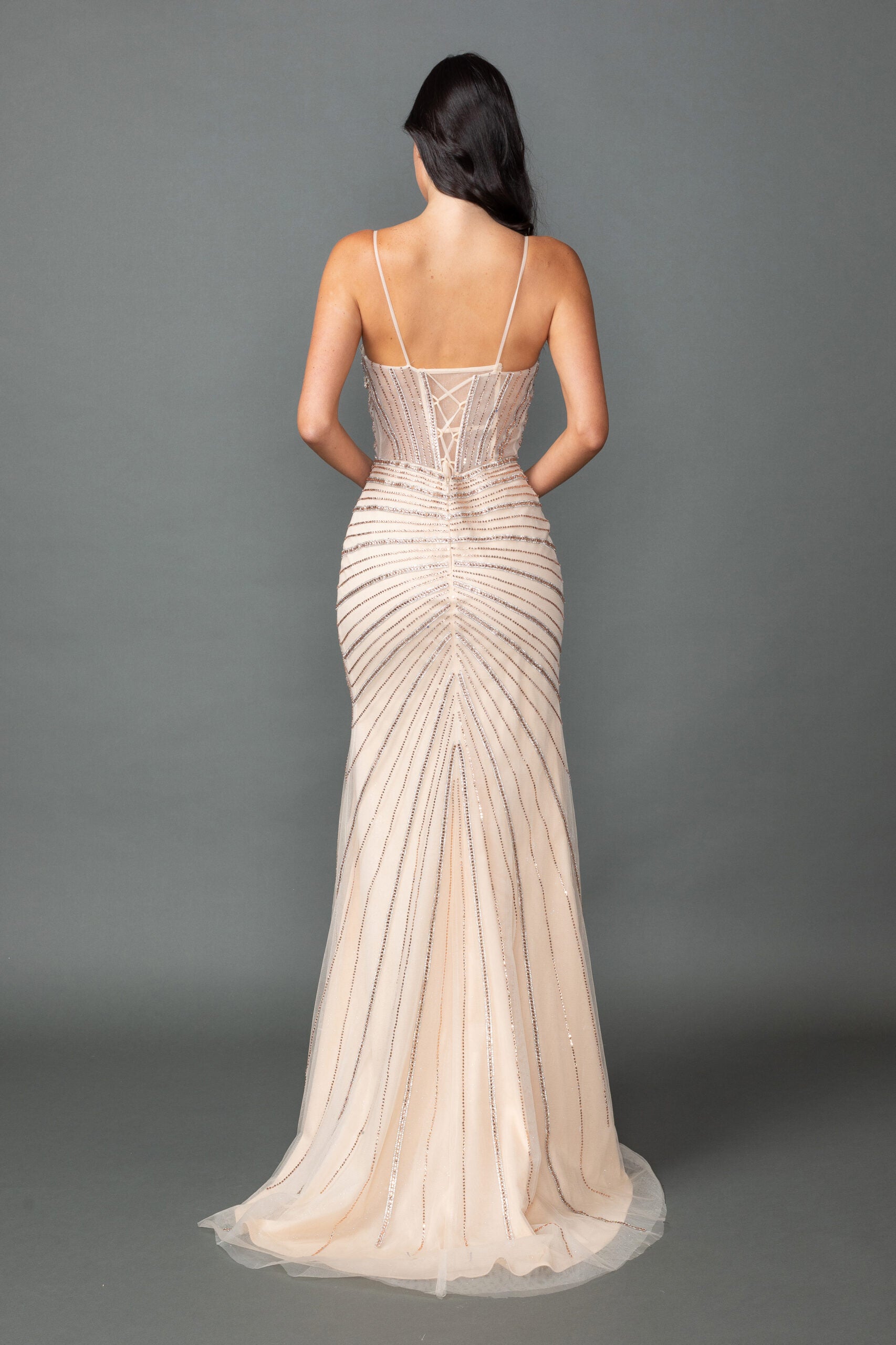 Spaghetti Strap Sweetheart Illusion Corset Prom Dress with Radiating Beaded Embellishment and High Slit (4566)