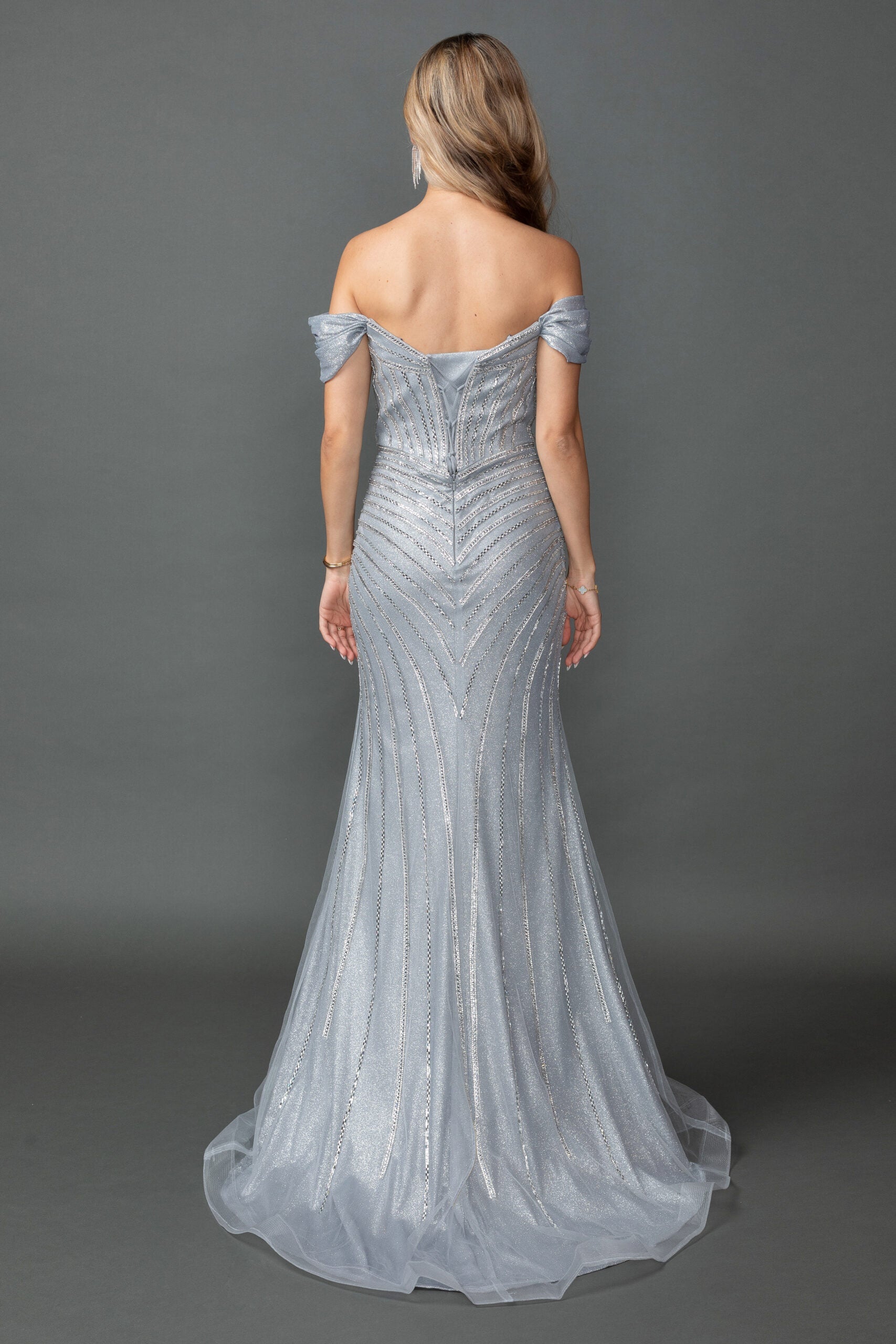 Off-Shoulder Beaded Corset Fitted Gown with Slit (4567)