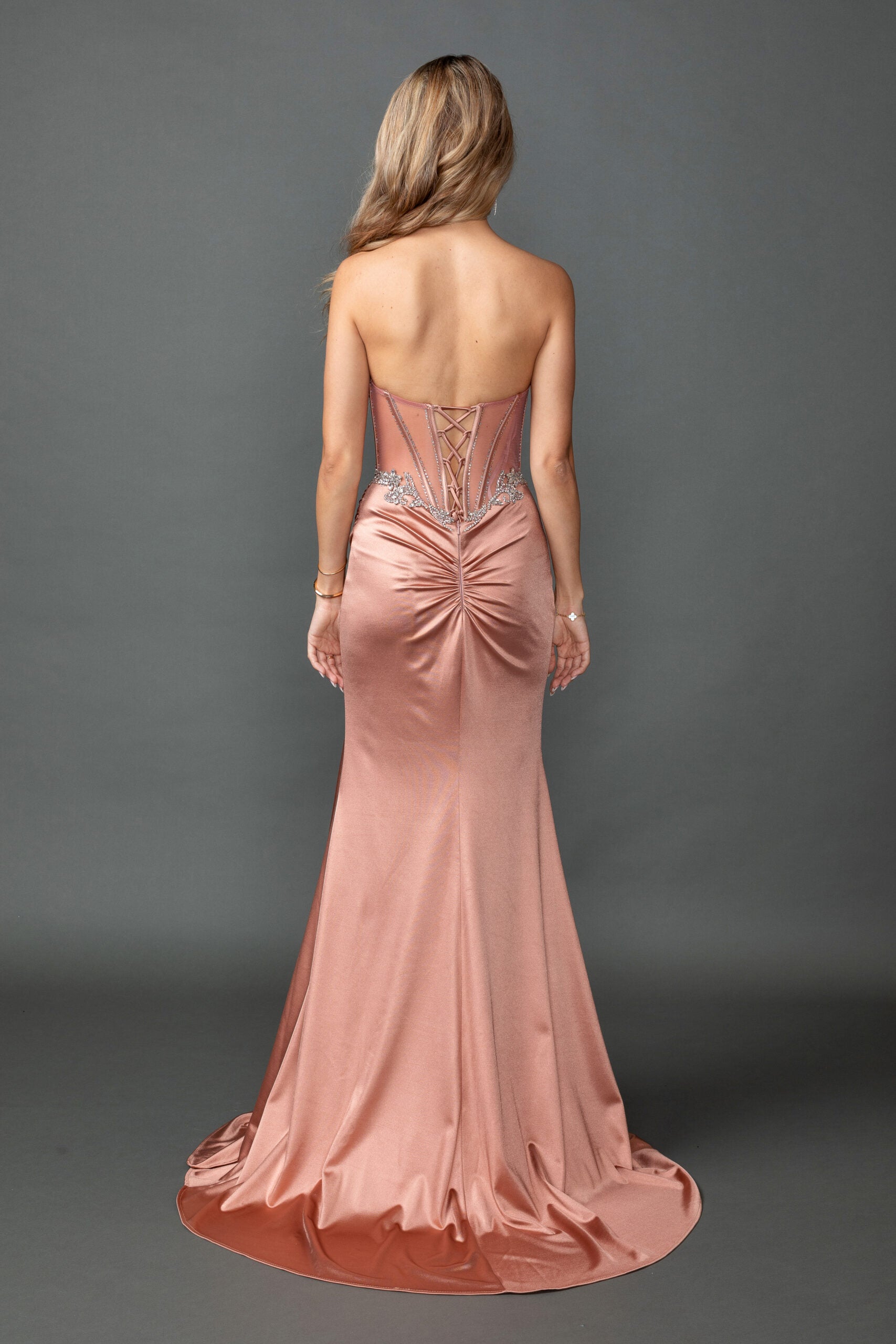 Strapless Sweetheart Corset Satin Prom Dress with High Slit (4570)