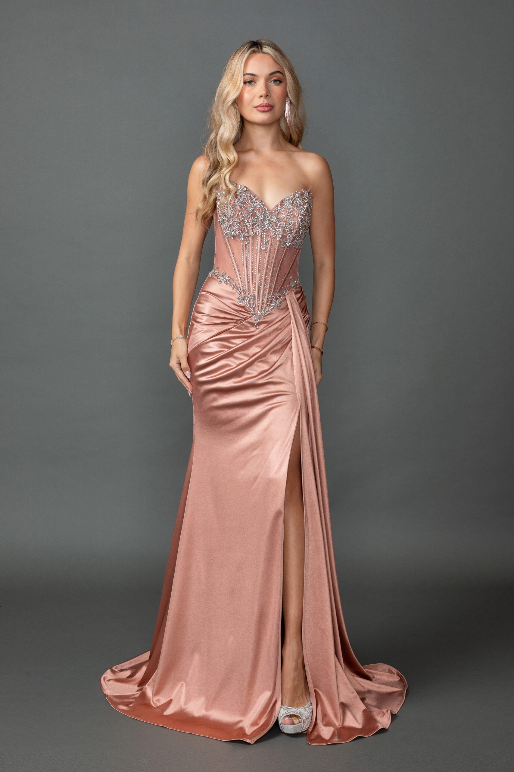 Strapless Sweetheart Corset Satin Prom Dress with High Slit (4570)