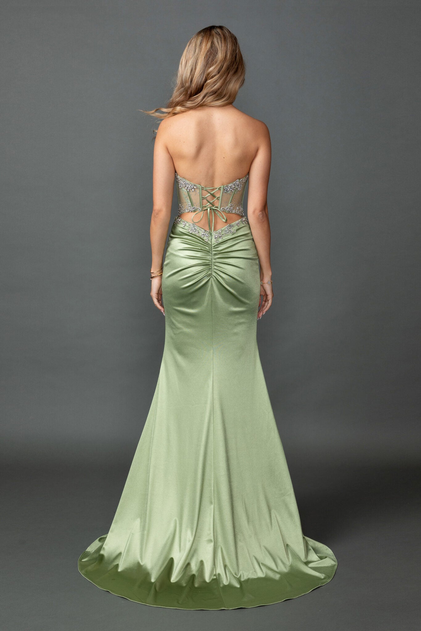 Strapless Embellished Illusion Corset Satin Fitted Prom Dress with High Slit (4572)