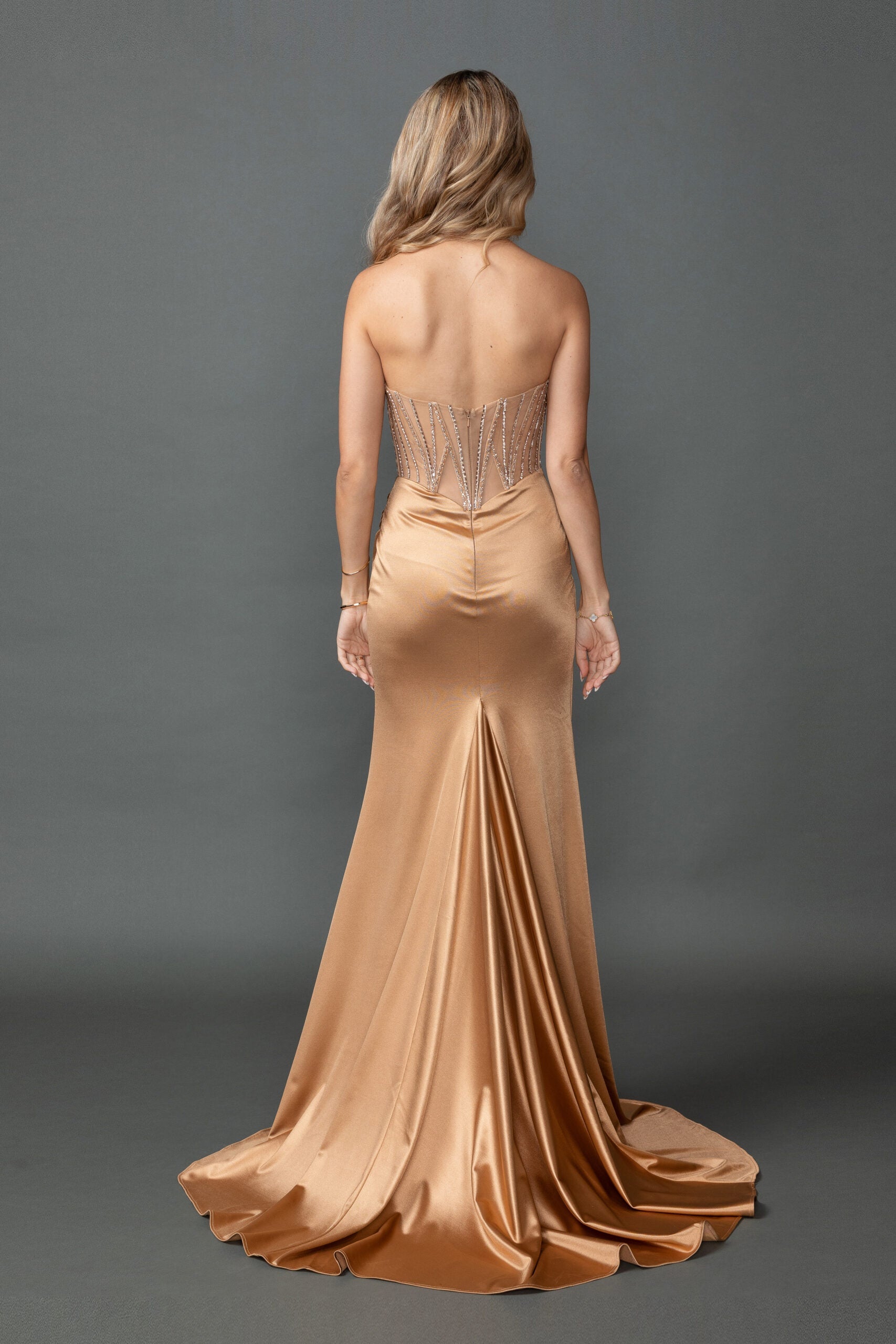 Sweetheart Strapless Sheer Corset Bodice with Beaded Appliqué and Slit Fitted Dress (4575)