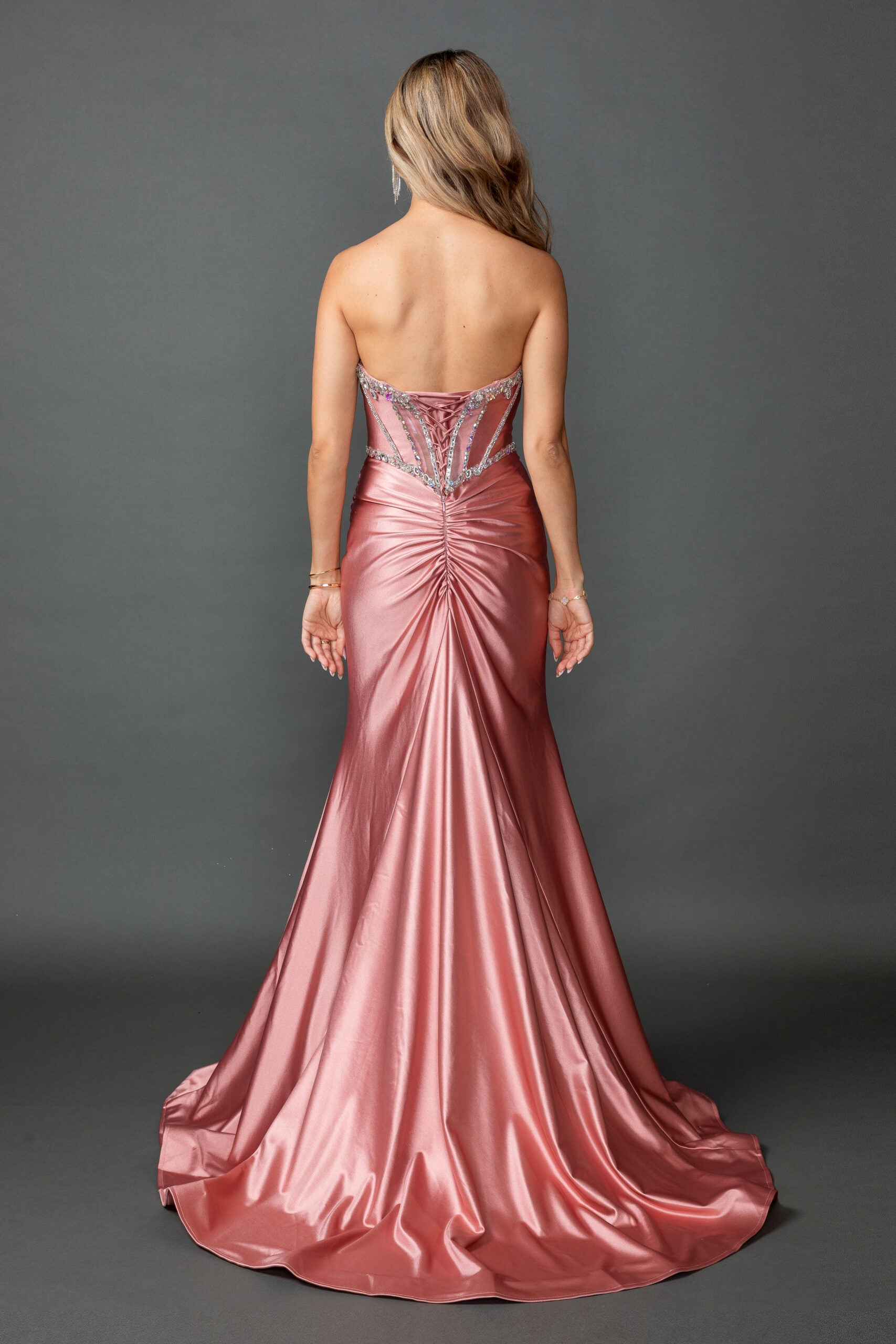 Strapless Satin Corset Prom Dress with Draped Skirt and High Slit (4580)