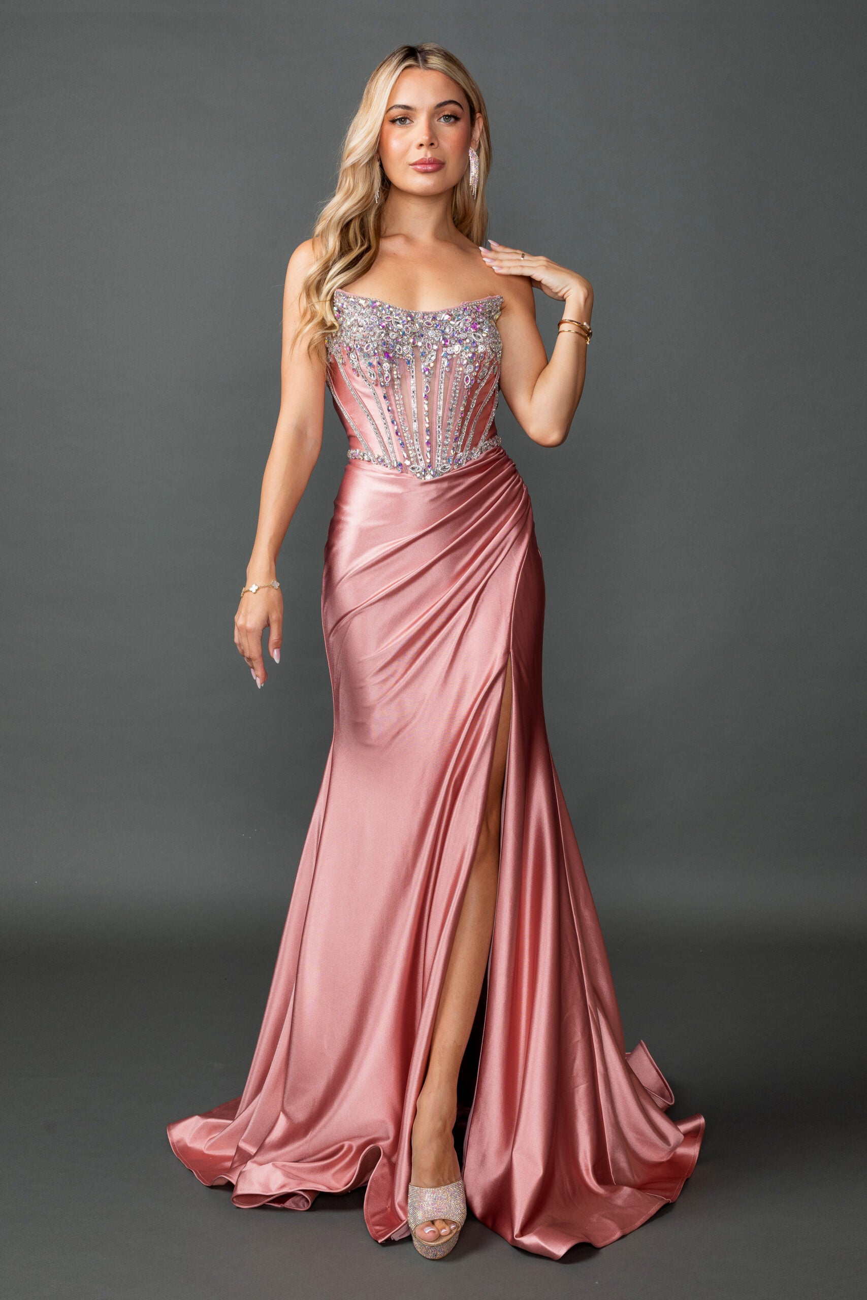 Strapless Satin Corset Prom Dress with Draped Skirt and High Slit (4580)
