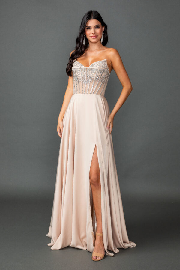 Sweetheart Neckline Illusion Corset Bodice Prom Dress with Flowing A Line Skirt and High Slit (4589)