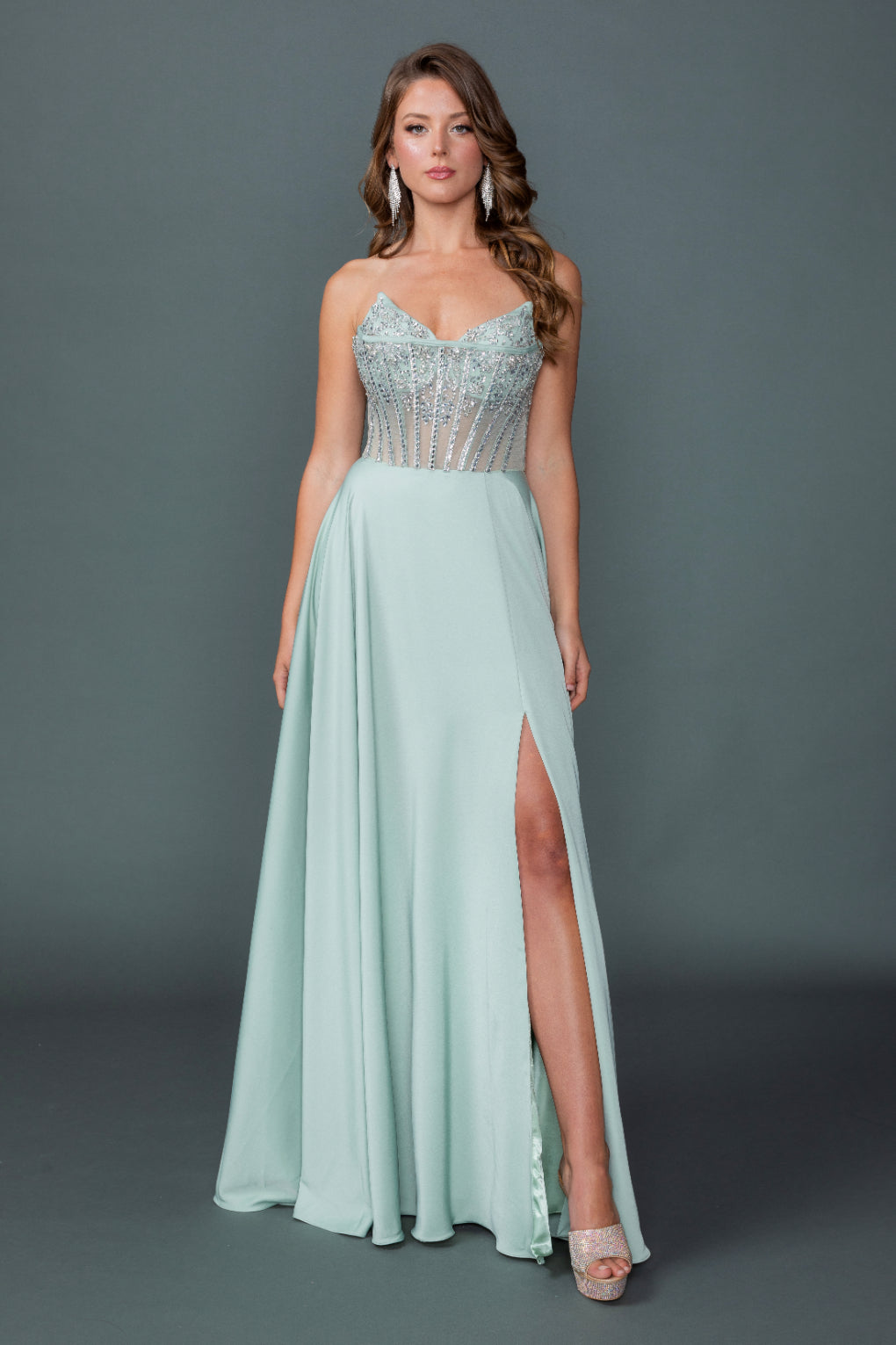Sweetheart Neckline Illusion Corset Bodice Prom Dress with Flowing A Line Skirt and High Slit (4589)