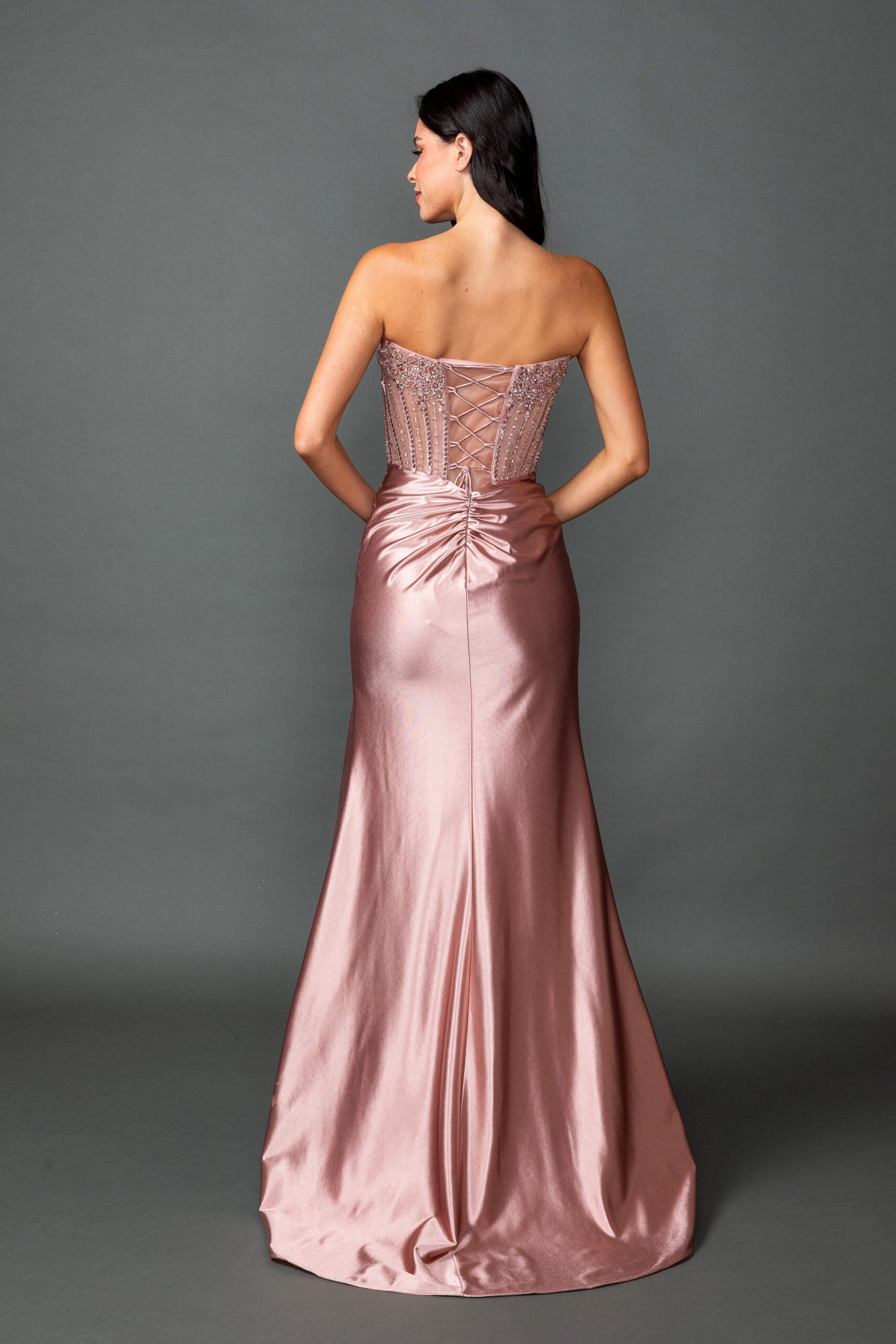 Strapless Embellished Corset Bodice Satin Prom Dress with Draped Waist and High Slit (4592)