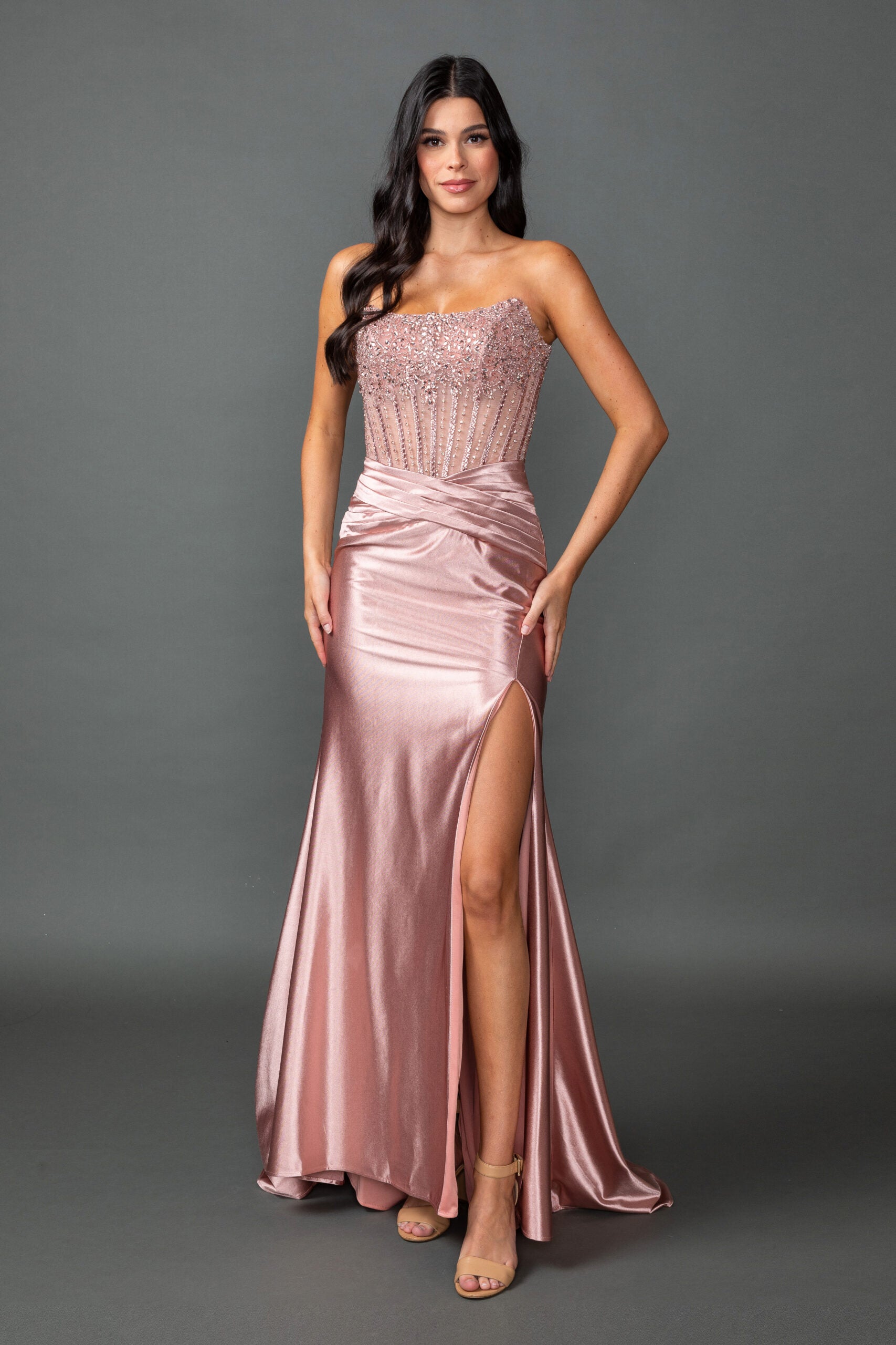 Strapless Embellished Corset Bodice Satin Prom Dress with Draped Waist and High Slit (4592)