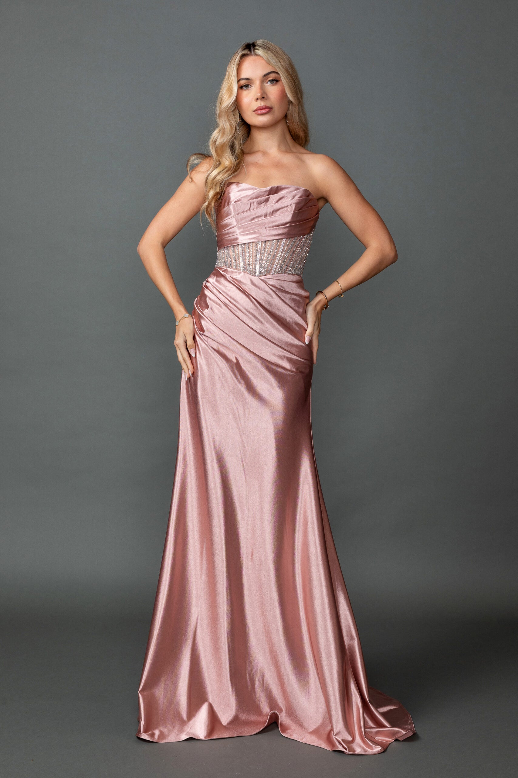 Elegant Strapless Satin Gown with Beaded Illusion Corset (4593)