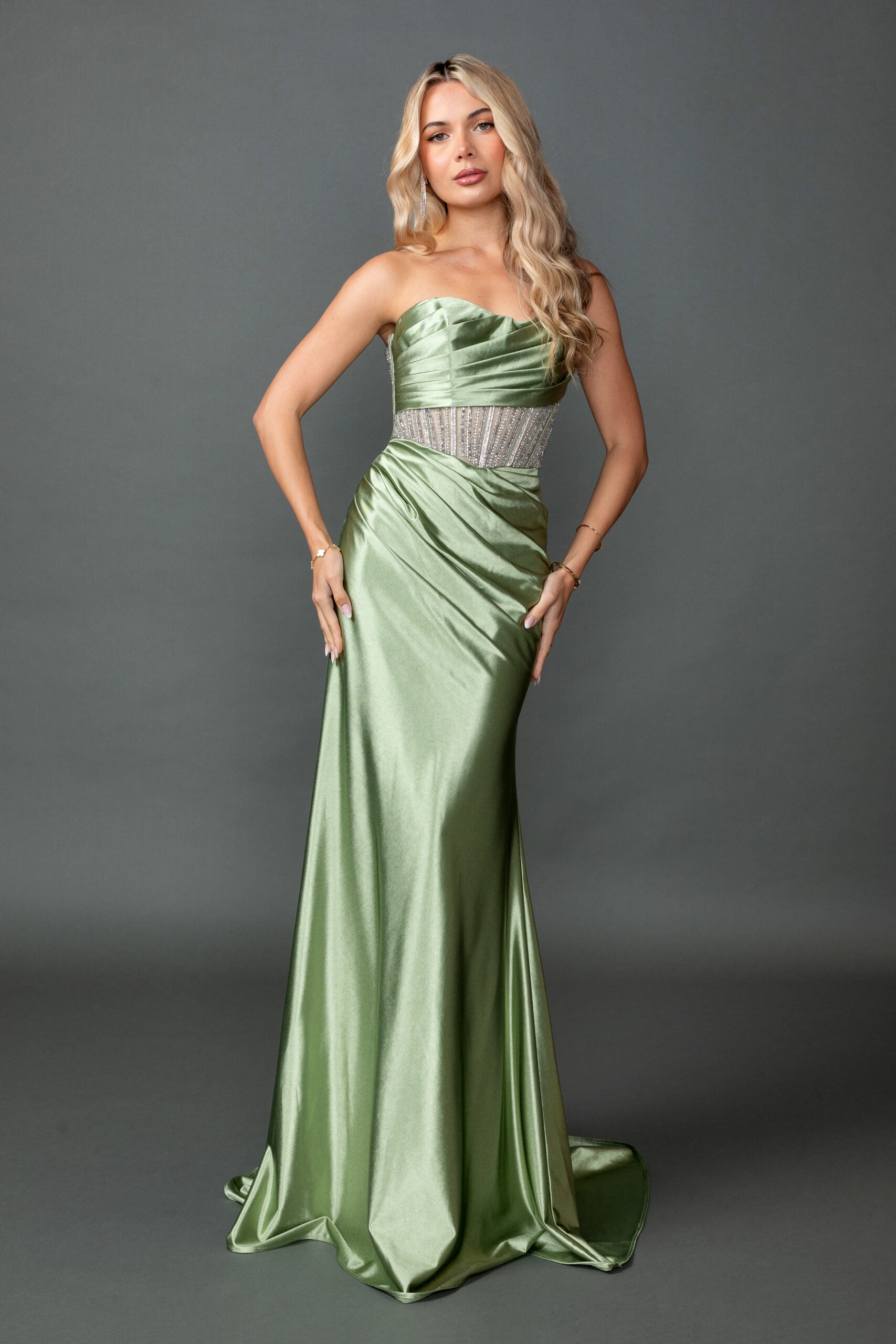 Elegant Strapless Satin Gown with Beaded Illusion Corset (4593)