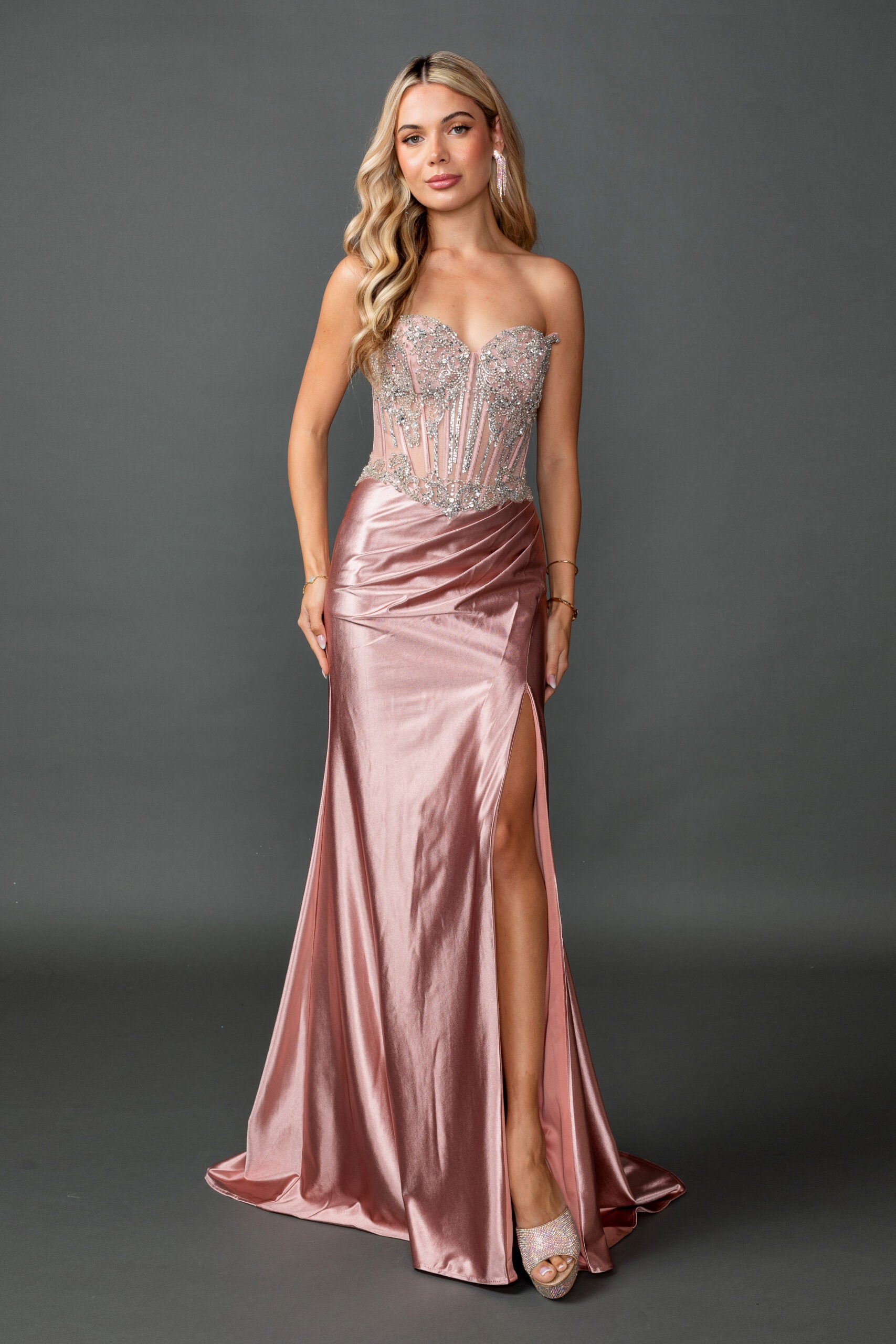 Strapless Embellished Corset Bodice Satin Prom Dress with Draped Waist and High Slit Floor Length Silhouette (4594)
