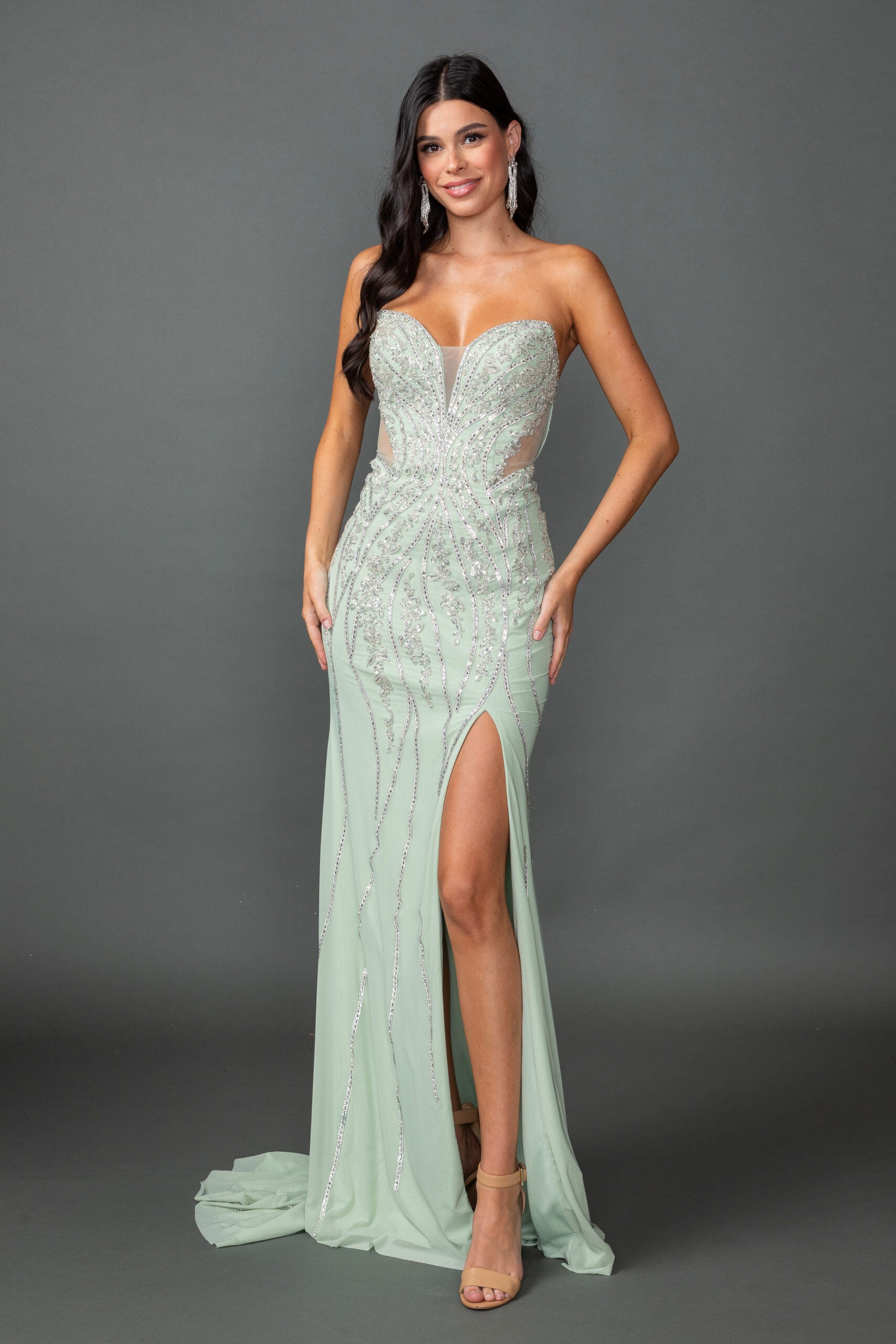 Strapless Sweetheart Illusion Corset Beaded Prom Dress with High Slit (4595)