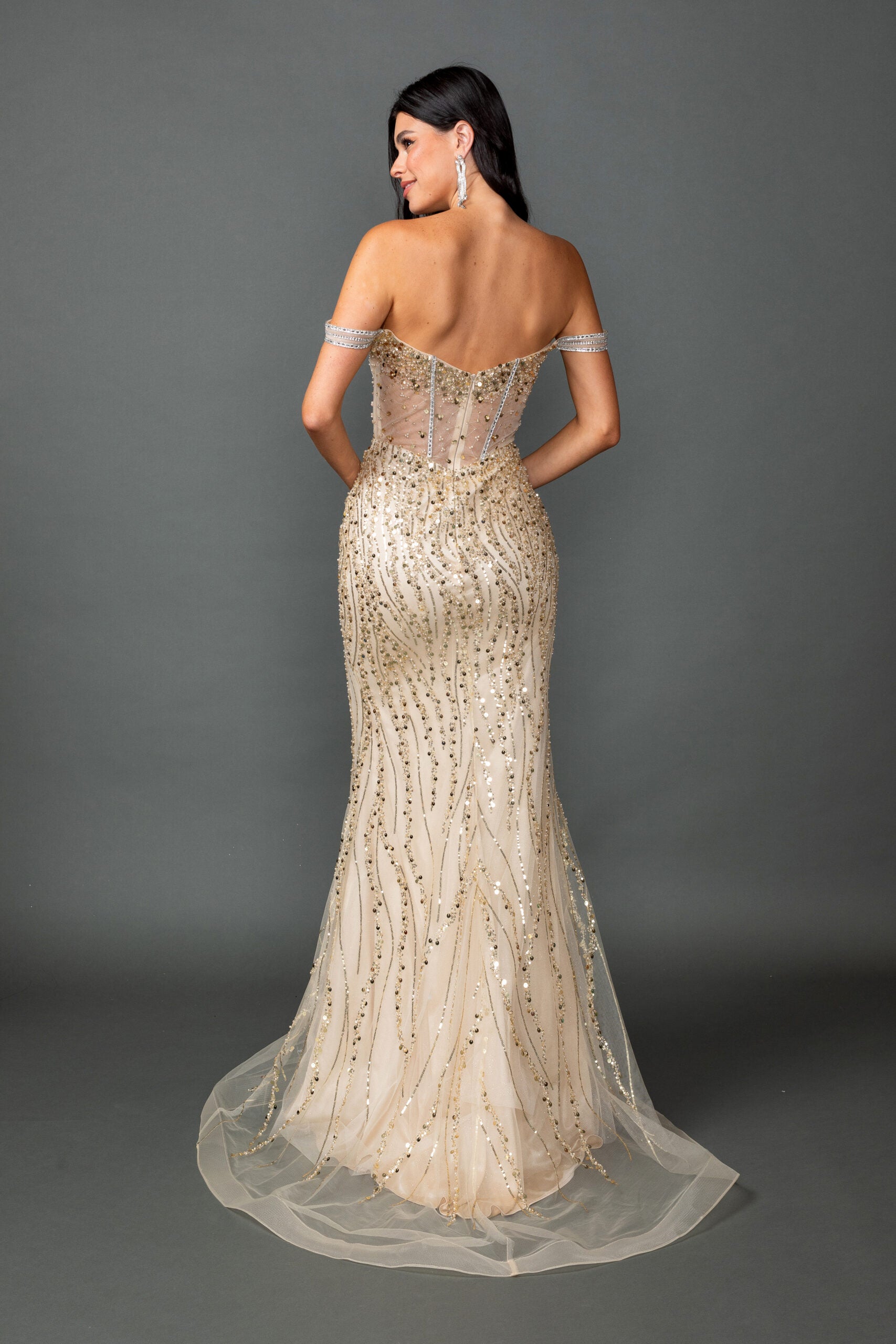 Off Shoulder Sweetheart Beaded Illusion Corset Mermaid Prom Dress (4598)
