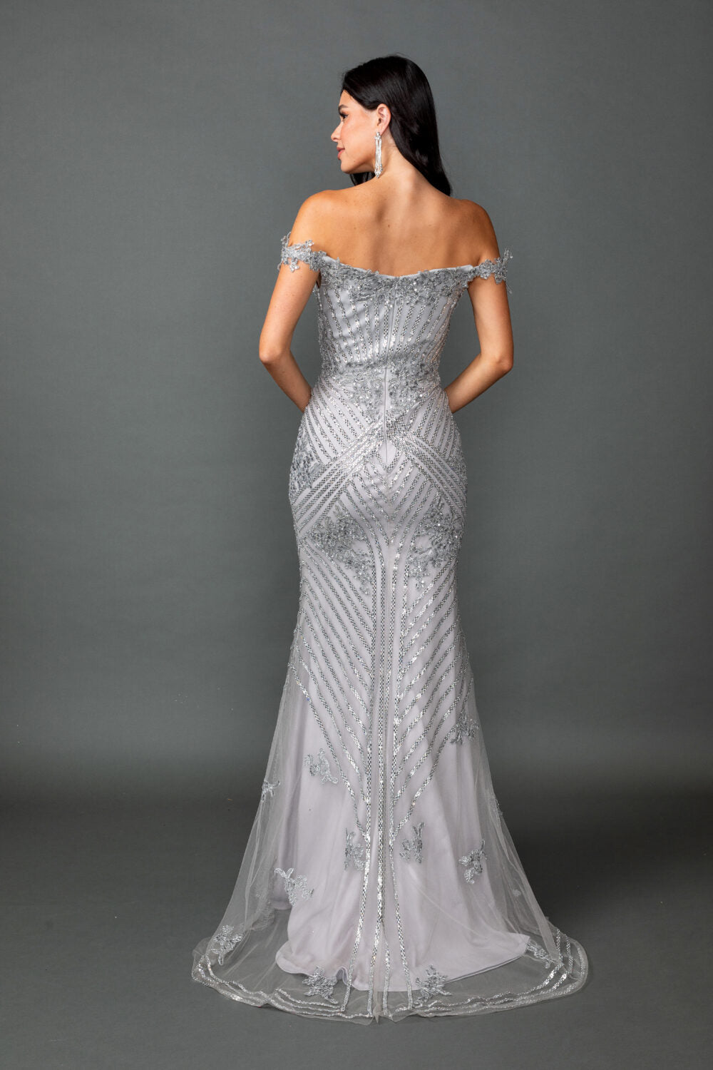 Off-Shoulder Mermaid Fitted Gown with Lace Appliqué and Slit (4600)
