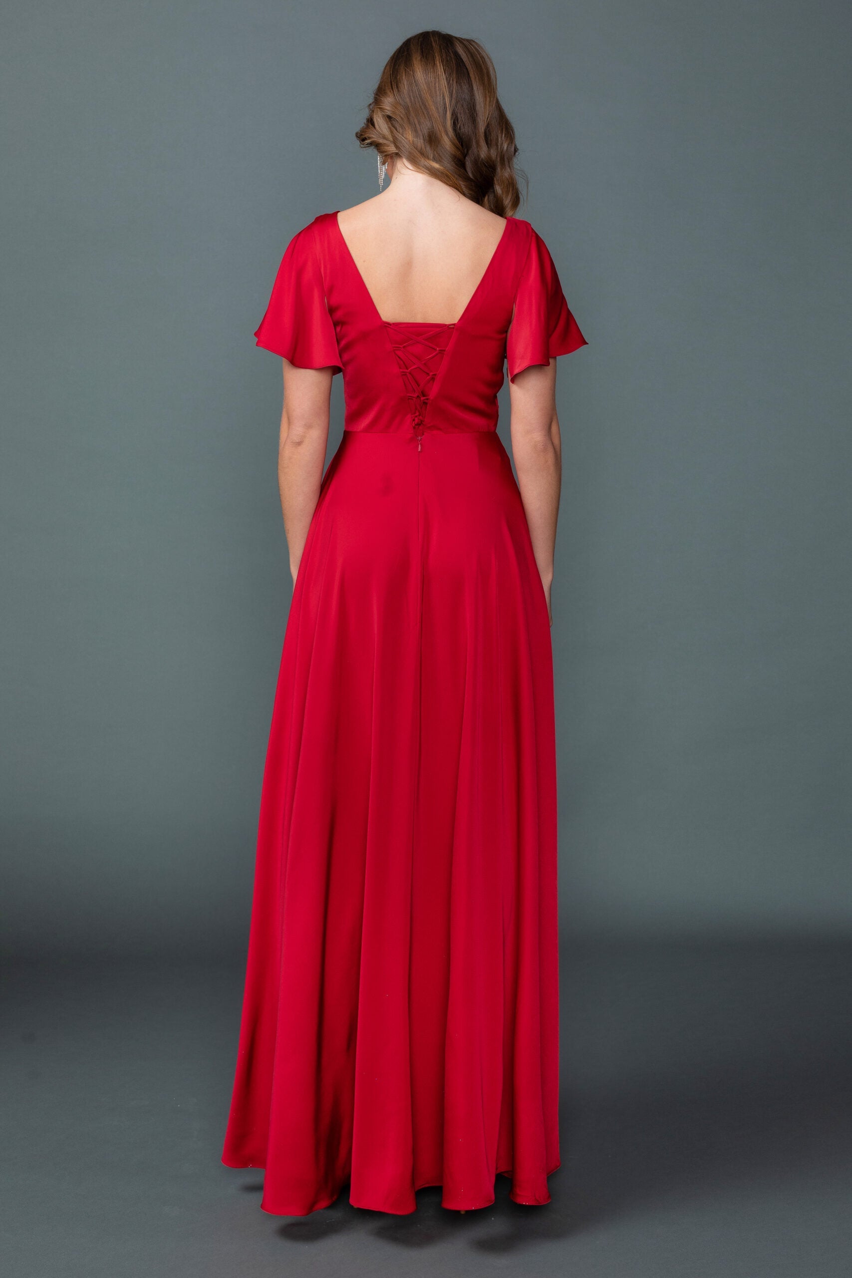 V-Neck Short Sleeve A-Line Gown With Ruched Bodice and Slit (4602)