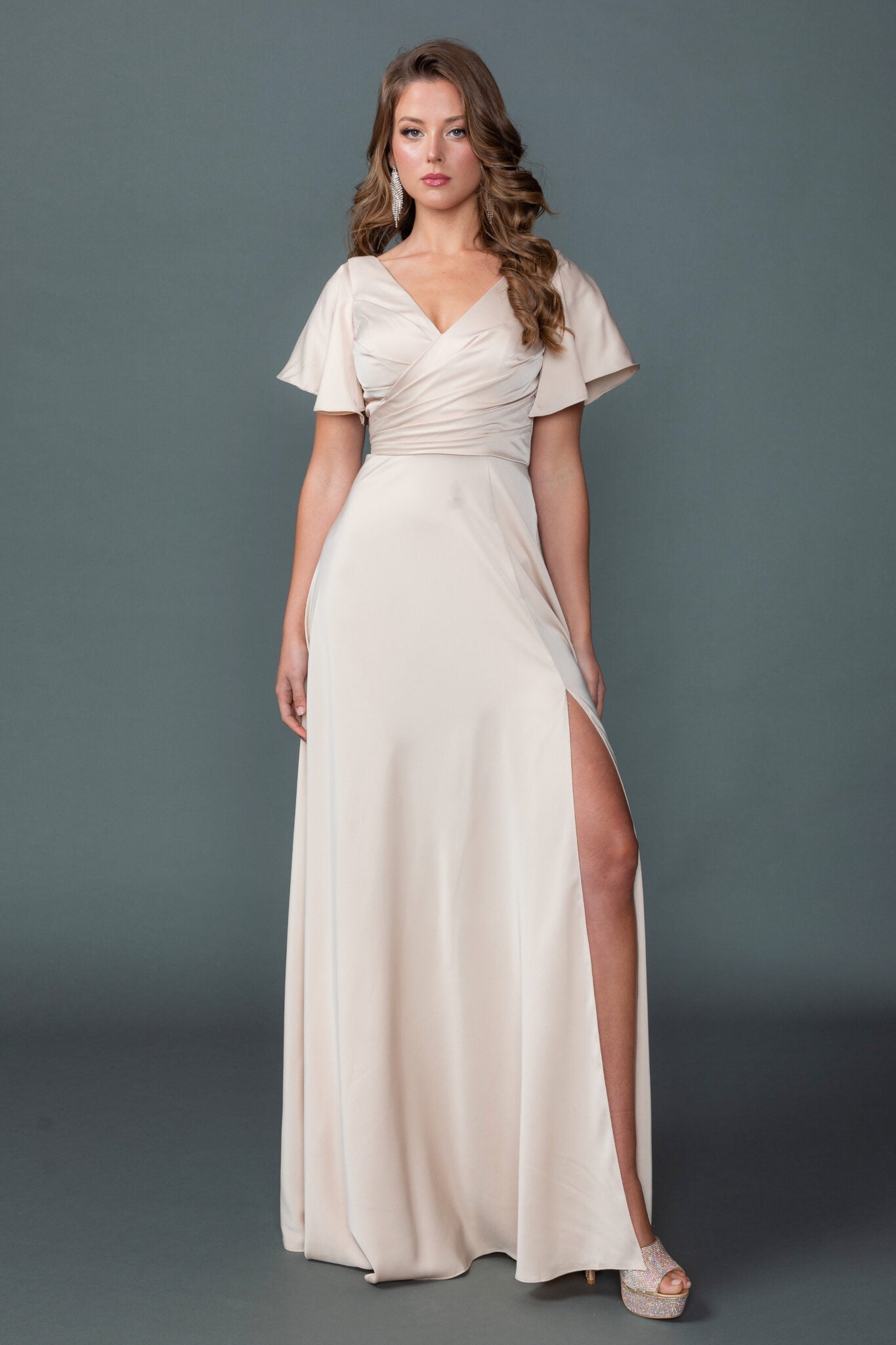 V-Neck Short Sleeve A-Line Gown With Ruched Bodice and Slit (4602)